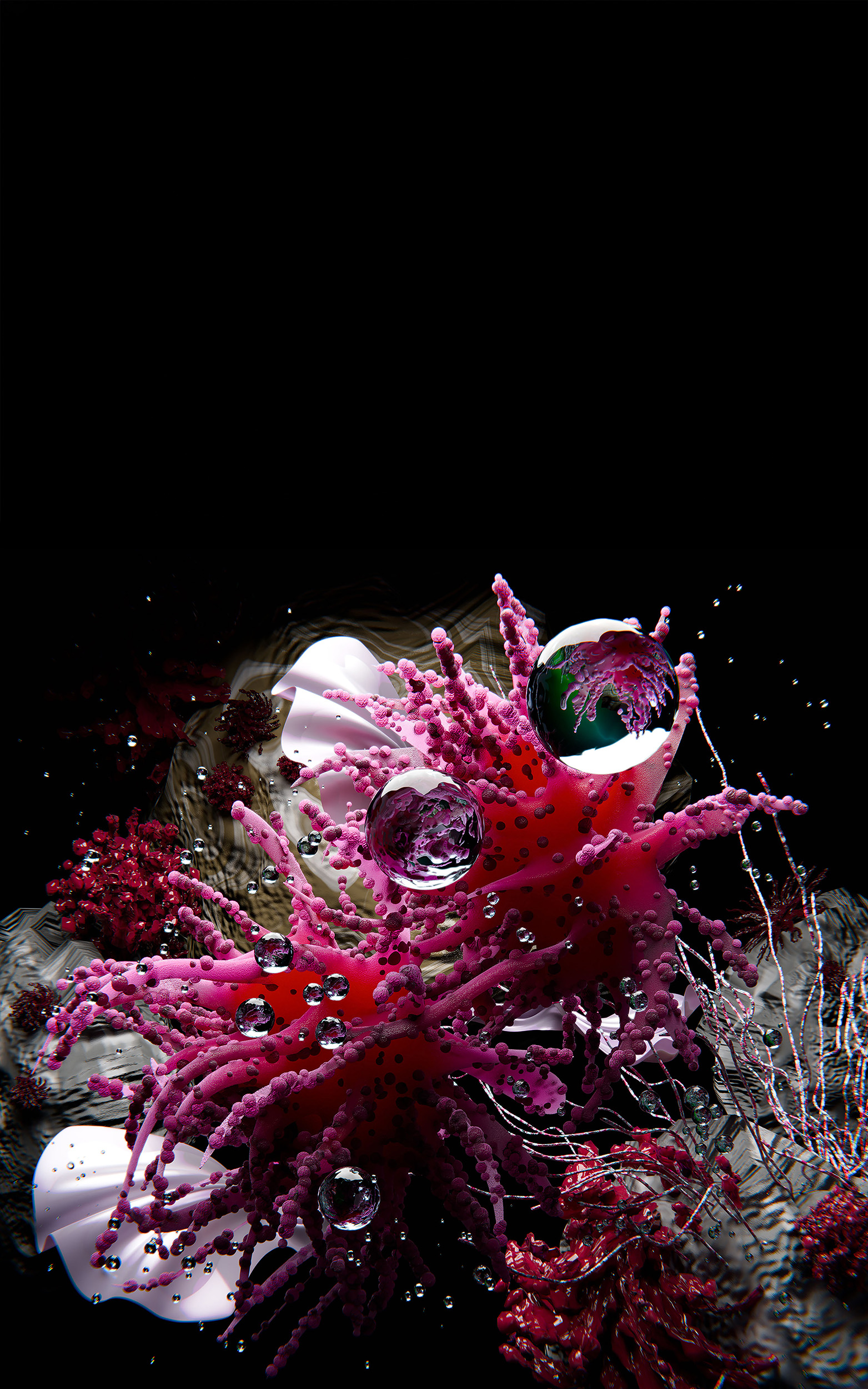 Colourful underwater image of pink spiky sea creatures and water bubbles