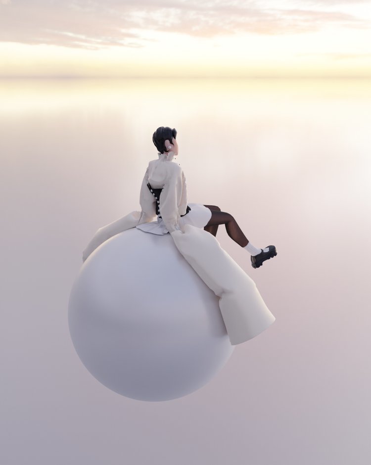 3D render of a person floating on a white orb with long white sleeves, light sunset sea and sky background.