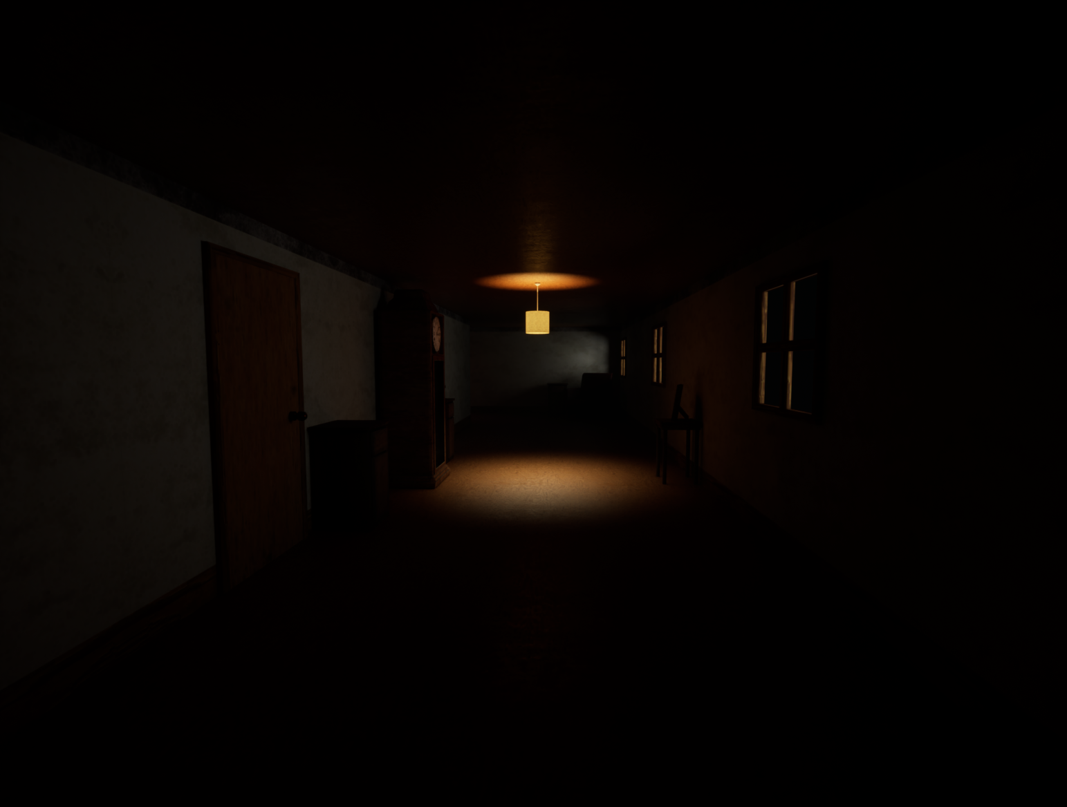 A dark hallway with a single light on further down. A door and a grandfather clock appear on the left-hand side, three windows on the right.