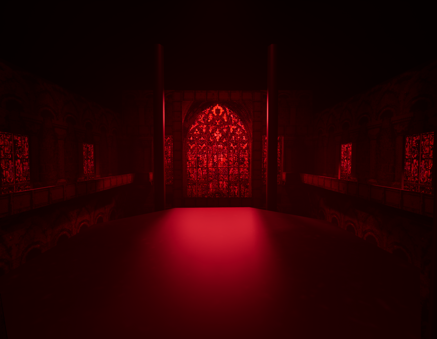 A red light sines through a large arched stained glass window inside a church.