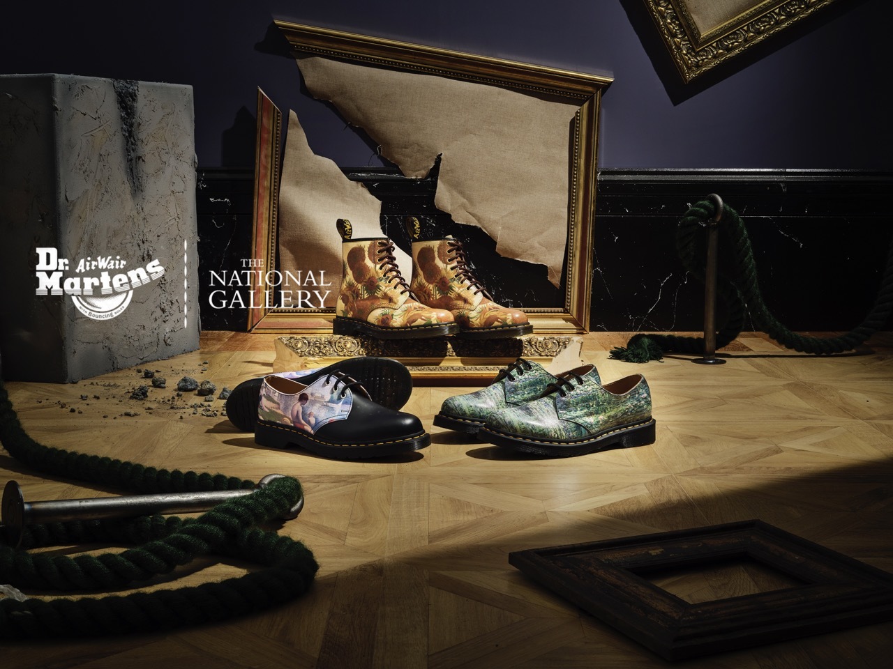 A collection of Doc Martens shoes in a destroyed gallery.