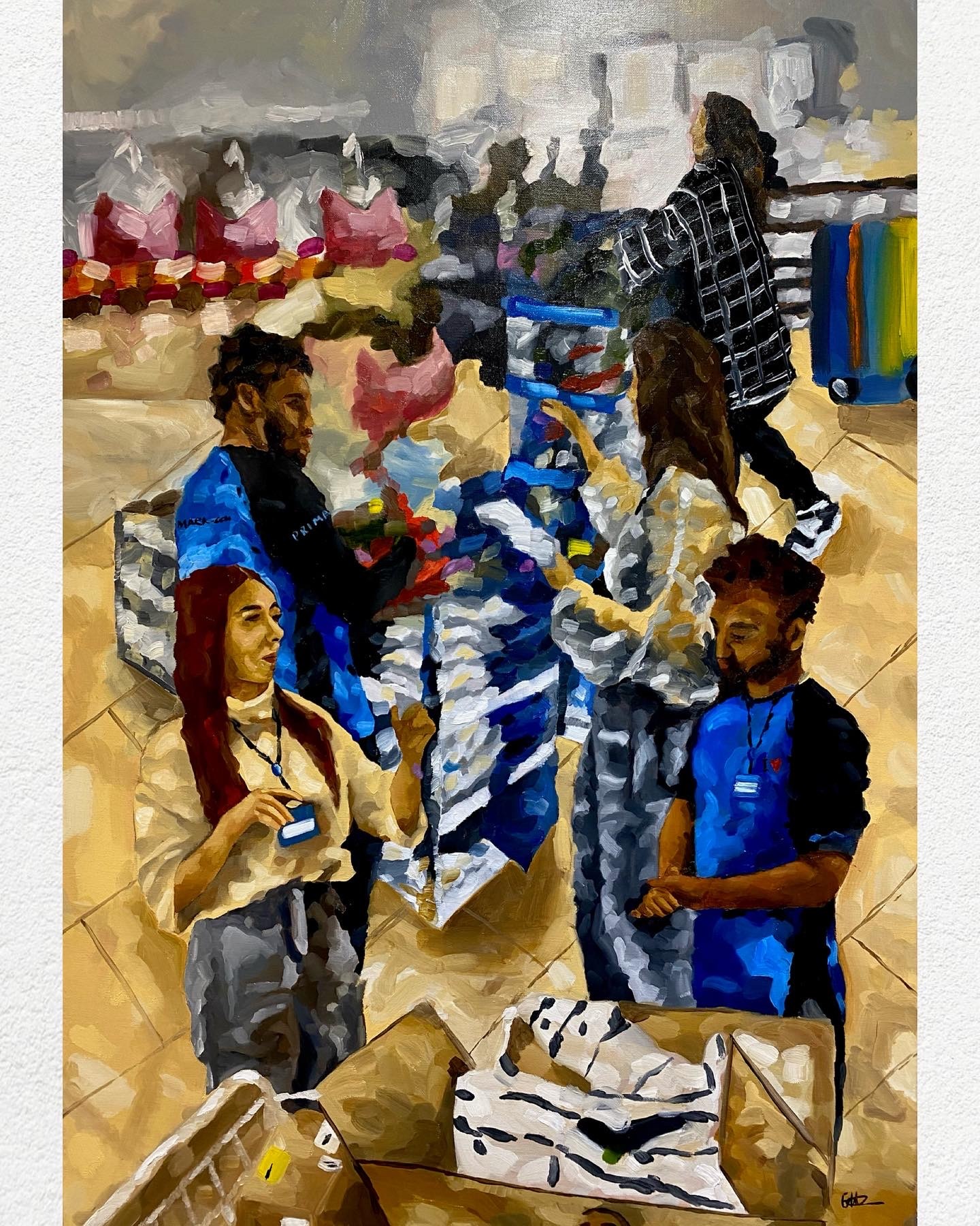 Painting of a scene with Primark colleagues in blue uniforms.