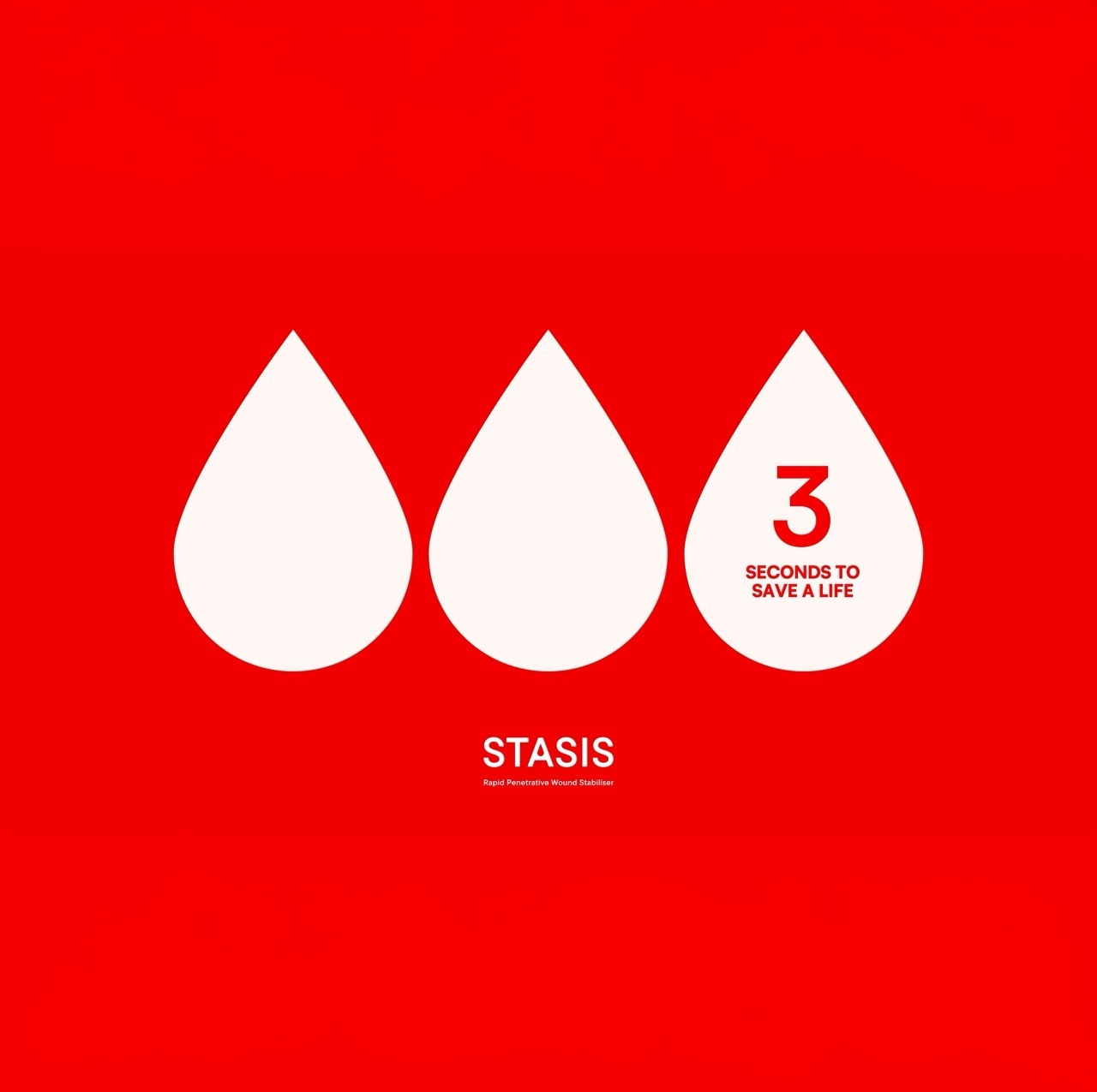 Three white drops on a red background with text in the third reading '3 SECONDS TO SAVE A LIFE'.