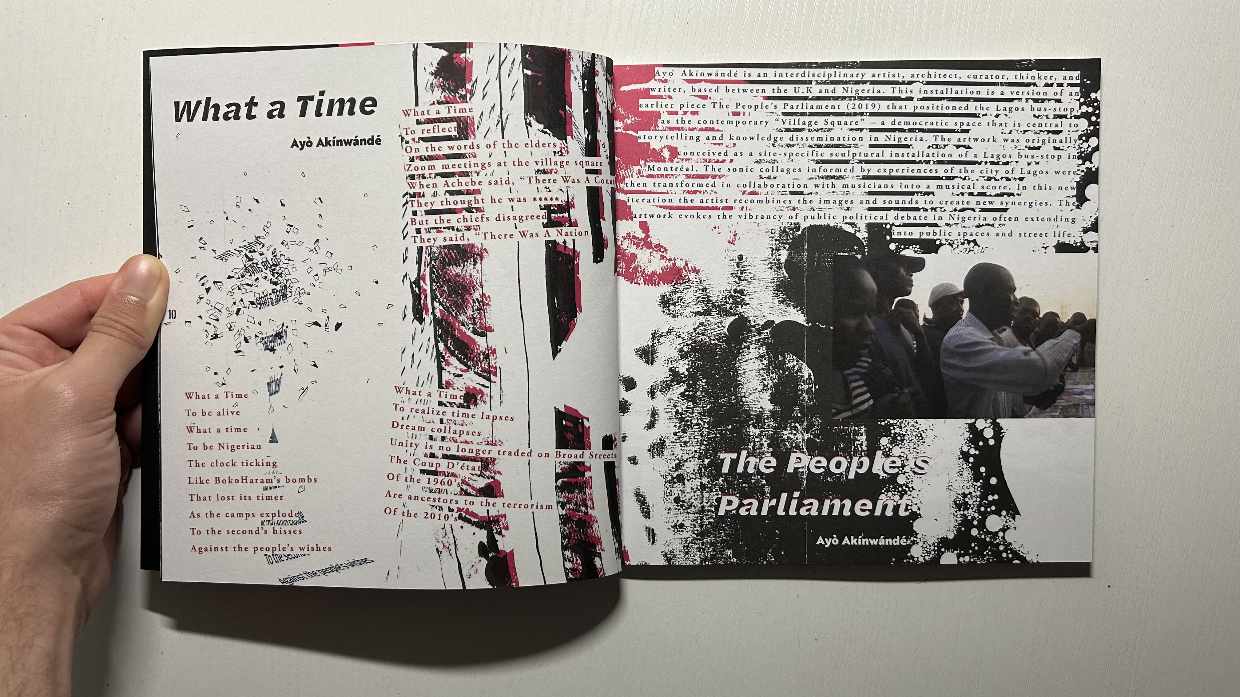 Double-page spread of a book, on a section entitled "What a Time", with blocks of text and abstract images on both pages.