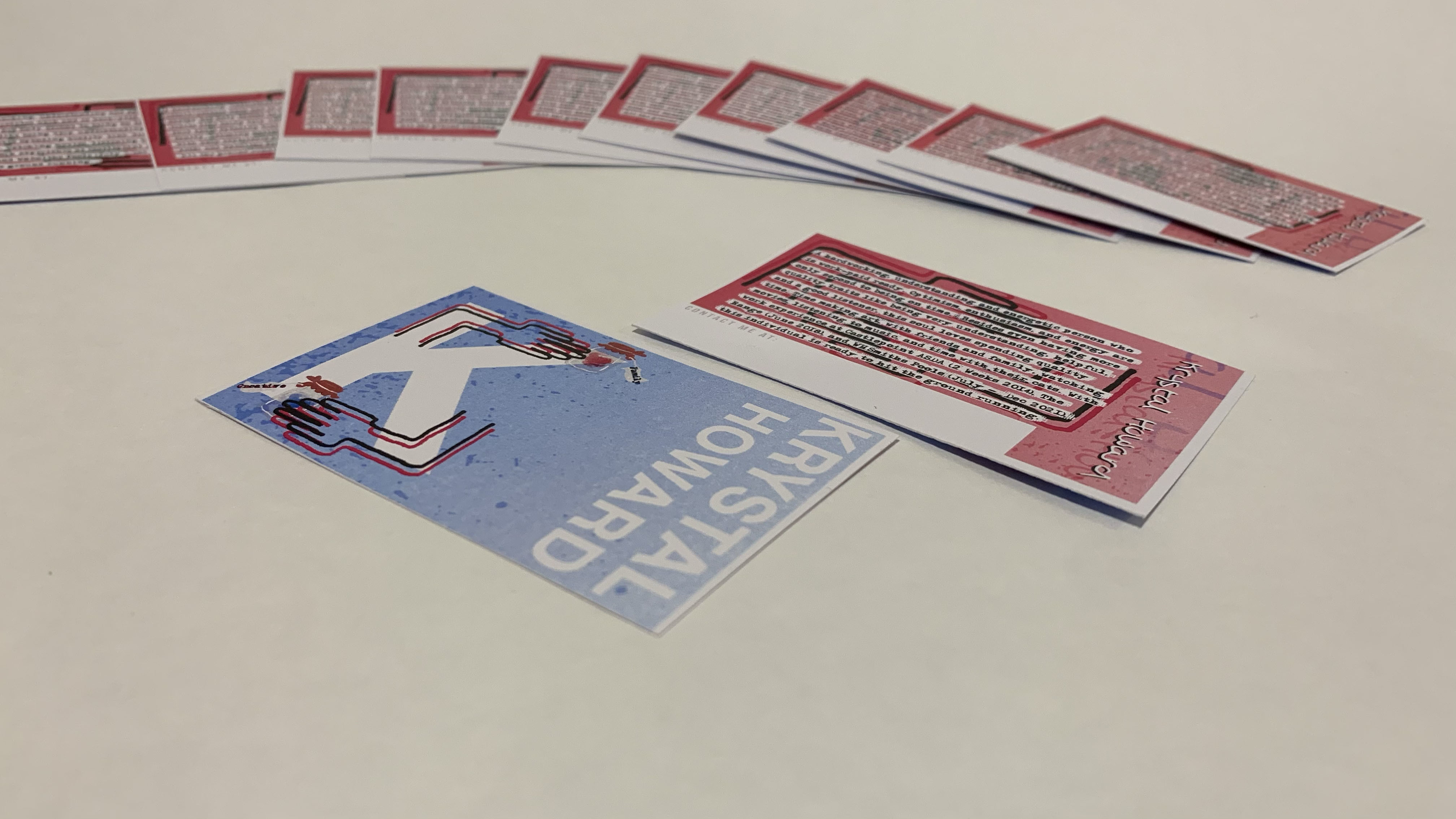 Several cards on display on a plain surface. One side is blue with a large letter K and illustrated hands and jam jars along the top and bottom. The other is red and white and contains a large block of text.