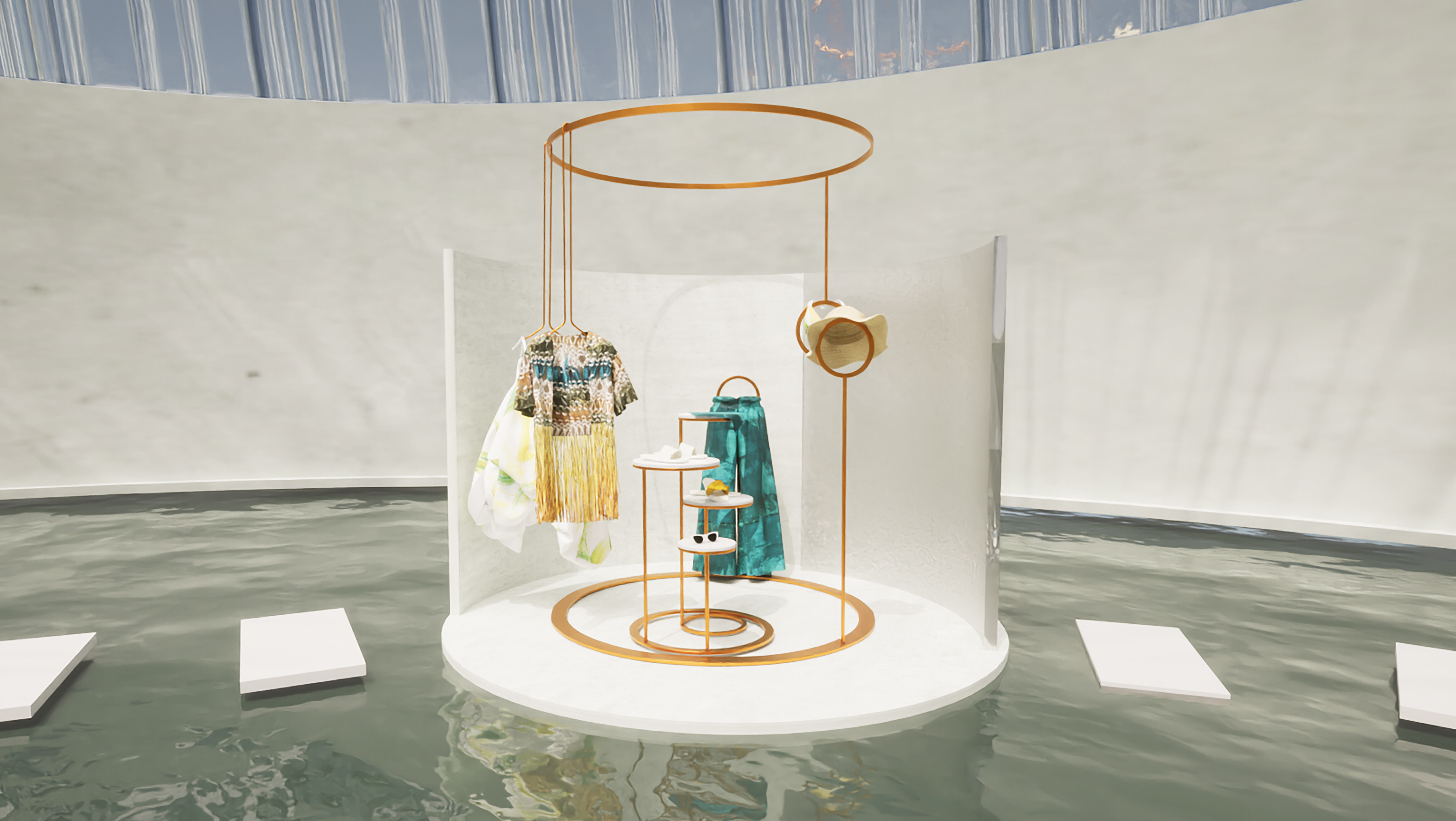 A digitally rendered display stand featuring digitally rendered clothing