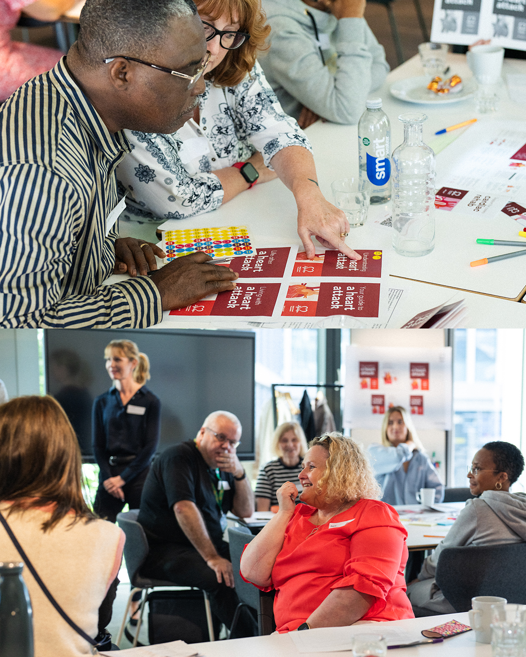 Two workshop participants lean over printed cards and coloured counters at a table in the top image, while a small group sits and stands talking in a bright meeting room below.