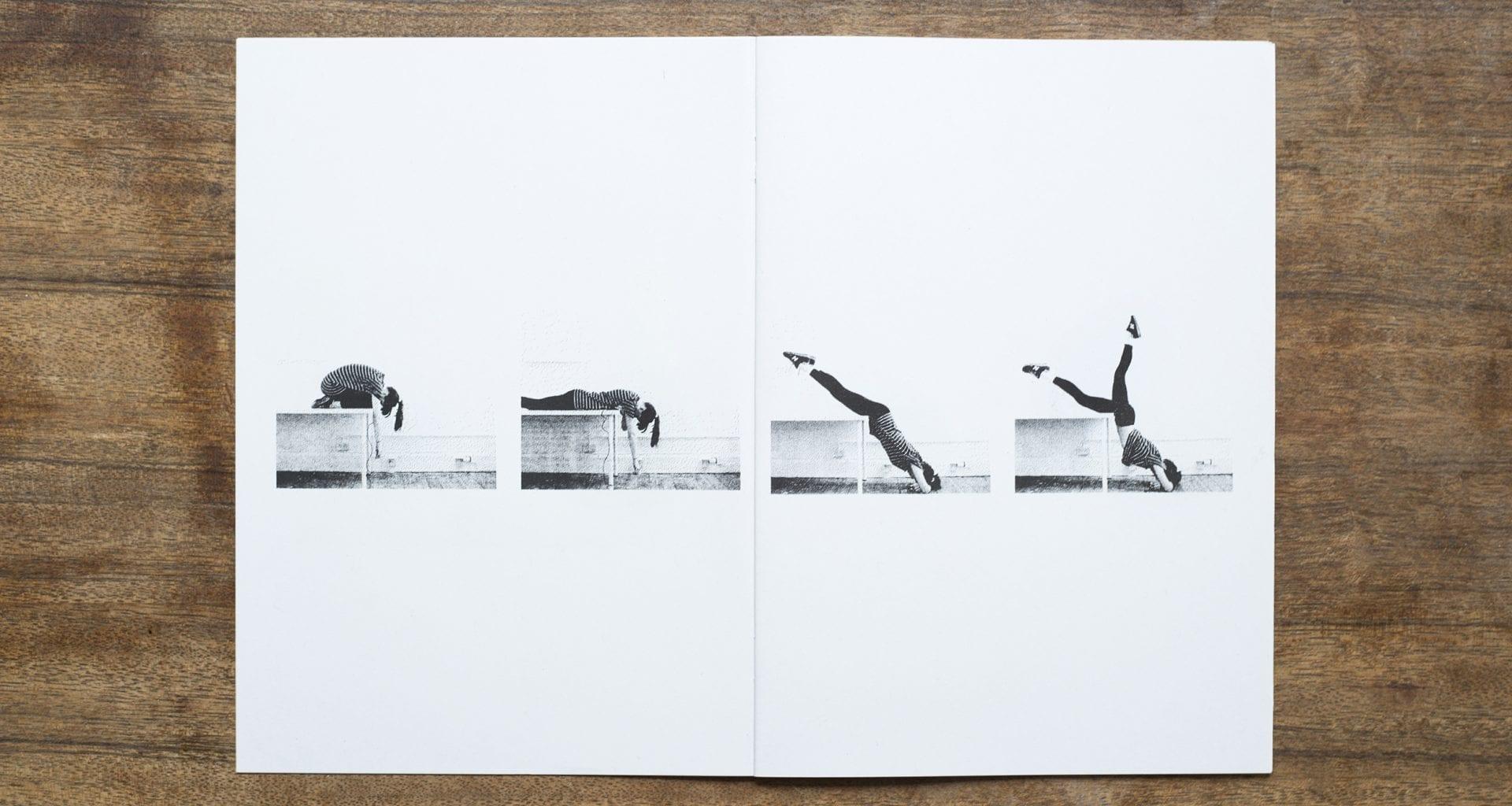 A series of four images across two pages of A4. They show a person viewed side-on in the progress of moving off of a desk.