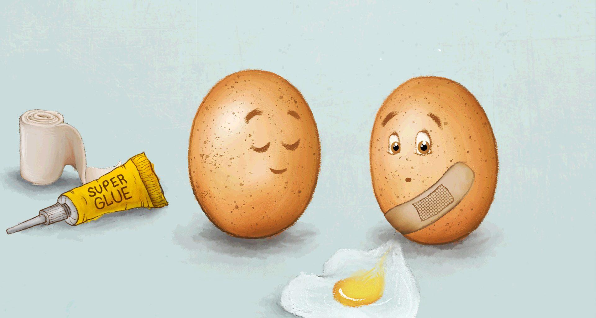 Illustration of a roll of bandages and super glue next to two eggs, one of which looks uncertain at a fried egg in front of them.