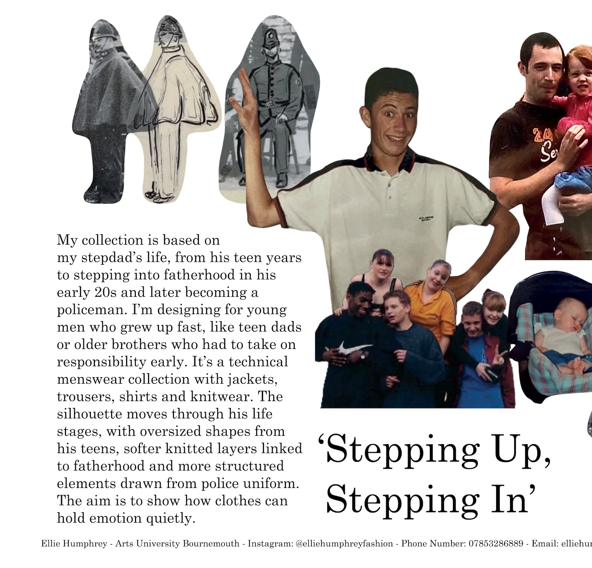 An image featuring various textile designs and silhouettes for a menswear collection inspired by fatherhood. A young man stands in a casual shirt, alongside cut-out figures in different poses. The collection is titled 'Stepping Up, Stepping In'.
