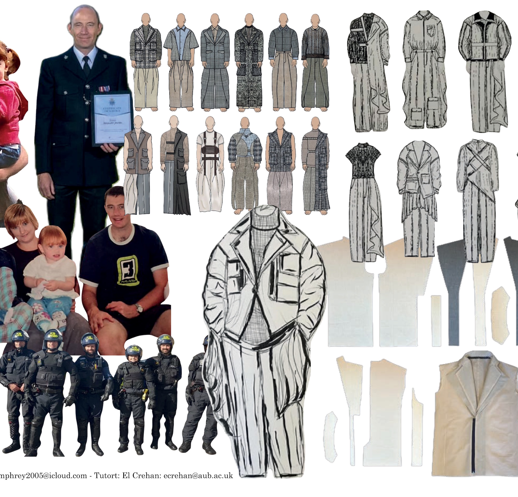 A collage featuring various images related to clothing designs and figures. On the left, a man in uniform holds an award beside a group of children and a young man. To the right, illustrations of garments, including military attire and civilian clothing, are displayed alongside photographs of police officers in uniform.