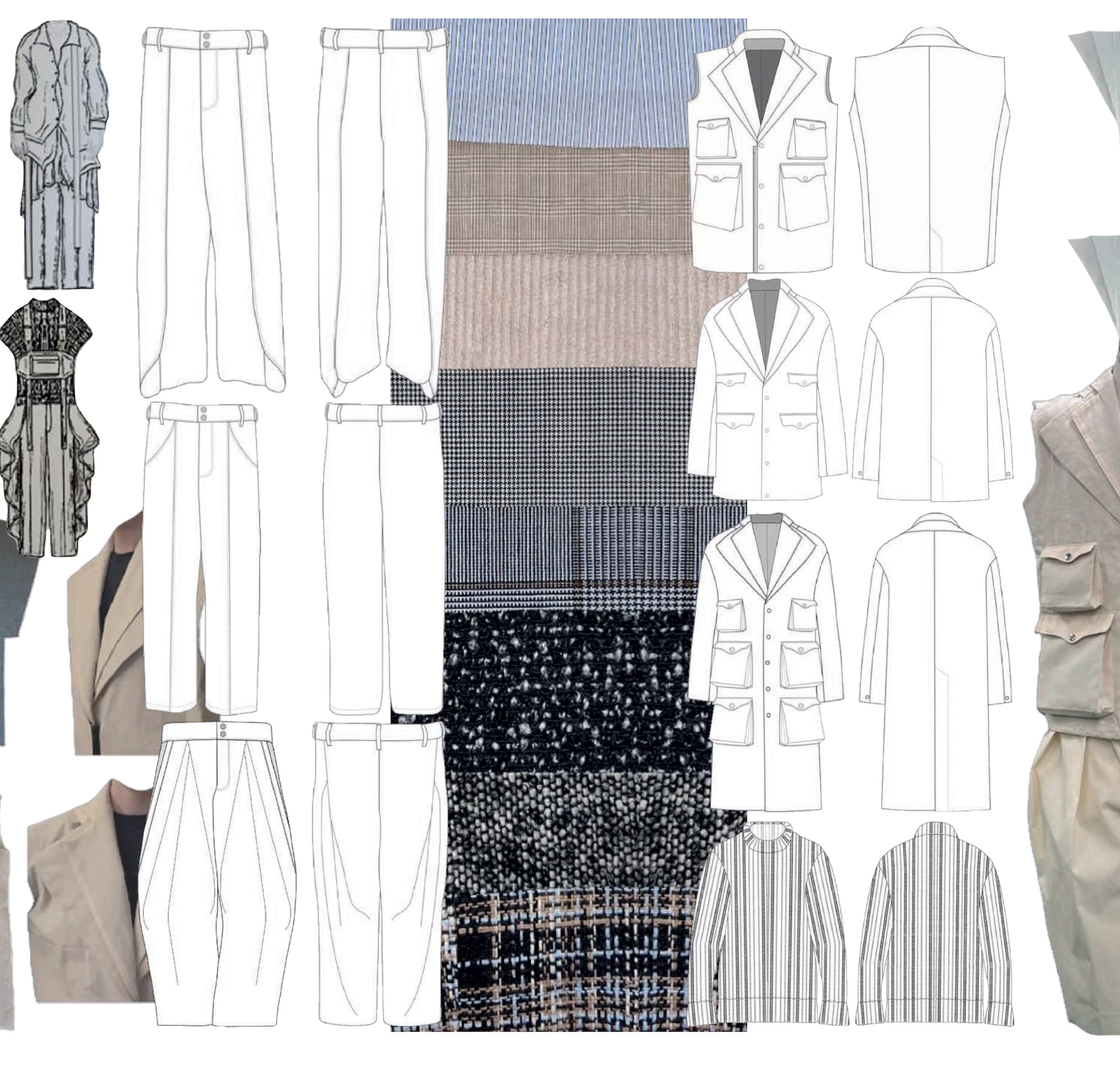 A fashion design mood board featuring various sketches of outfits, including trousers, blazers, and coats. Background patterns incorporate textures and materials in muted tones of blue, black, and beige, highlighting the design concepts visually.
