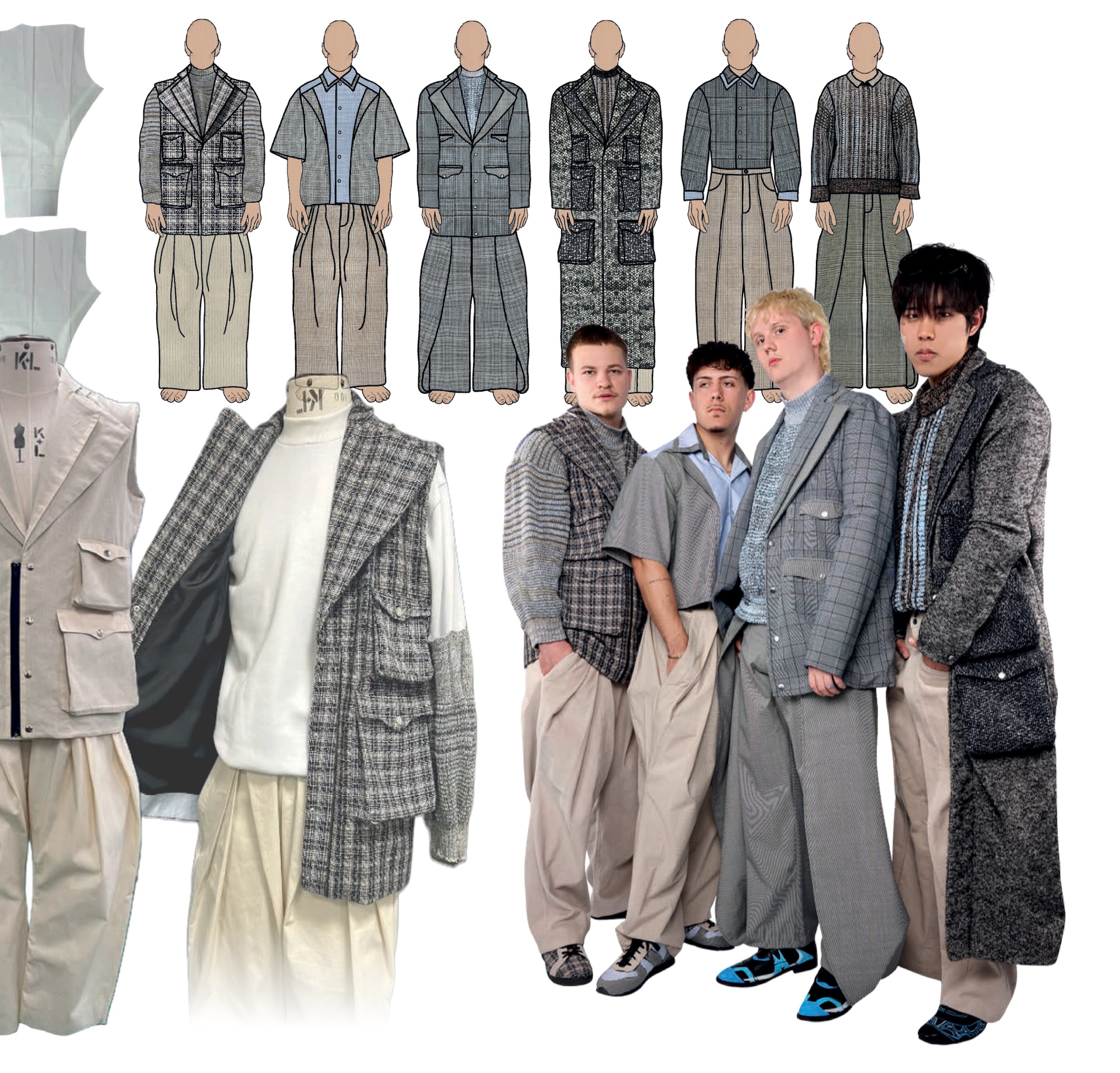 A collage featuring multiple male fashion sketches displaying various grey tailored outfits with wide trousers. The right side shows four male models in similar outfits, including blazers and loose trousers, posing together against a plain background.