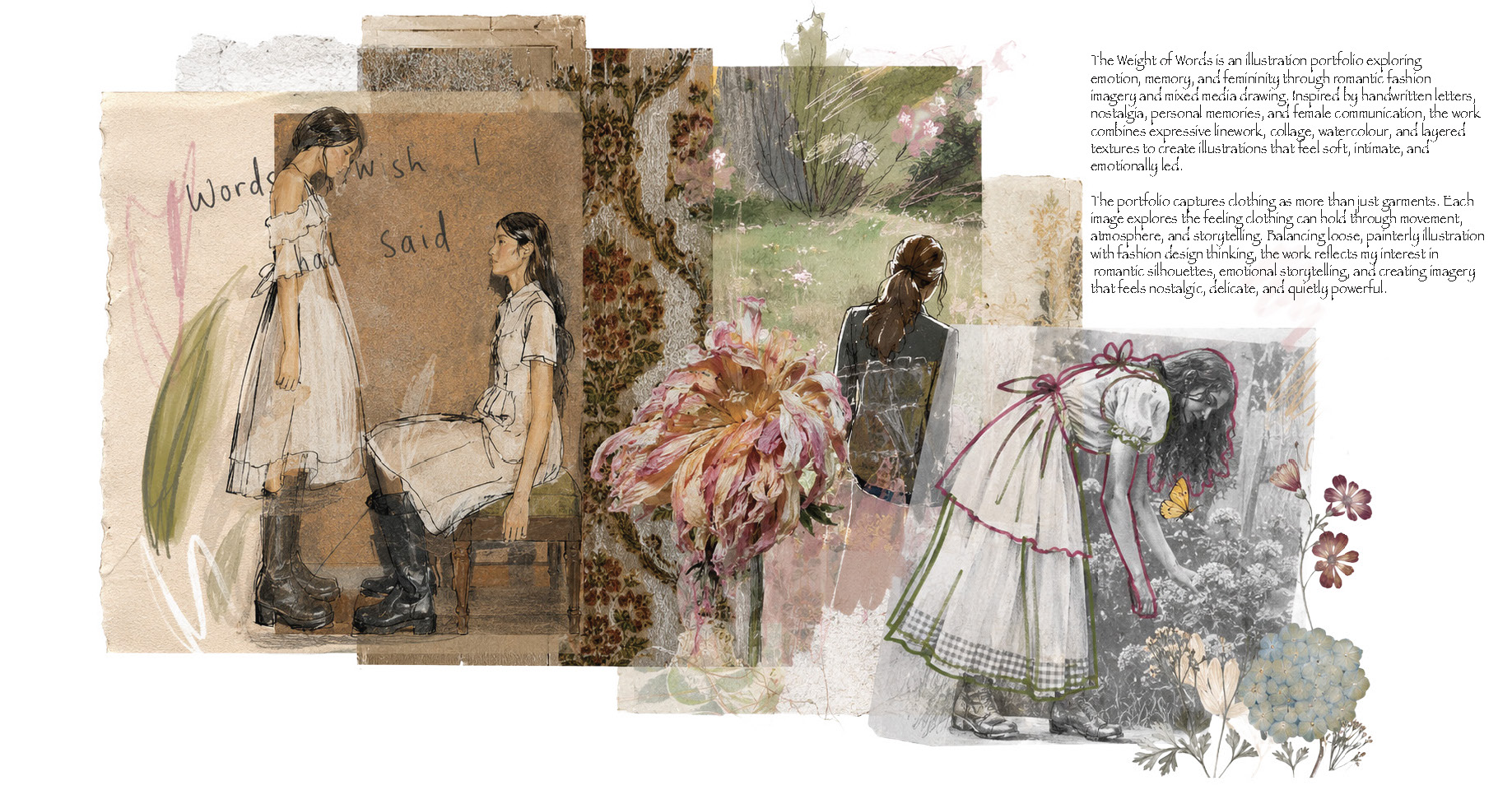 A fashion collage shows hand-drawn women in long dresses beside floral sketches and a block of printed text on a white background.