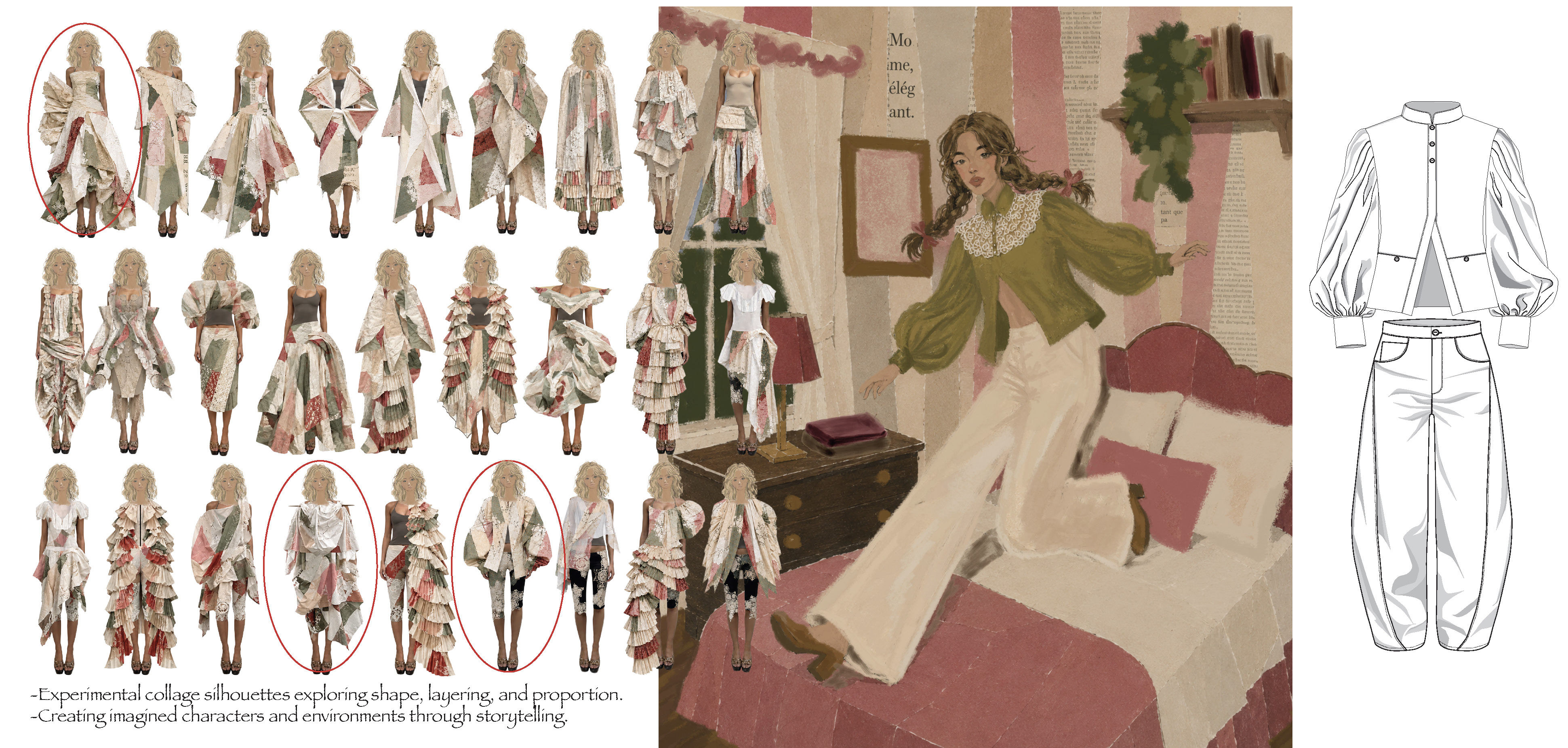 Fashion design mood board showing sketches of numerous outfits, alongside an illustration of a woman in a green top and cream trousers in a pink bedroom, with a technical garment sketch on the right.
