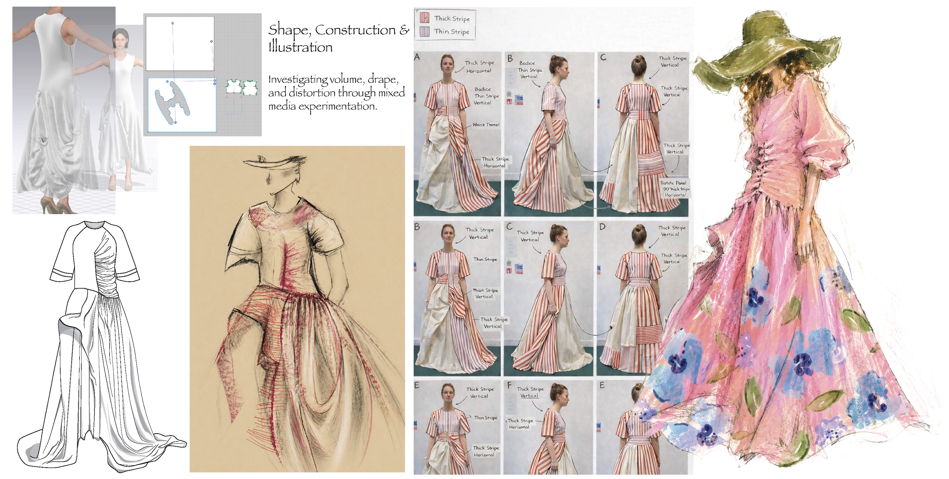 A fashion design mood board shows sketches, draped garment studies and runway reference images, with a pink floral dress illustration on the right.