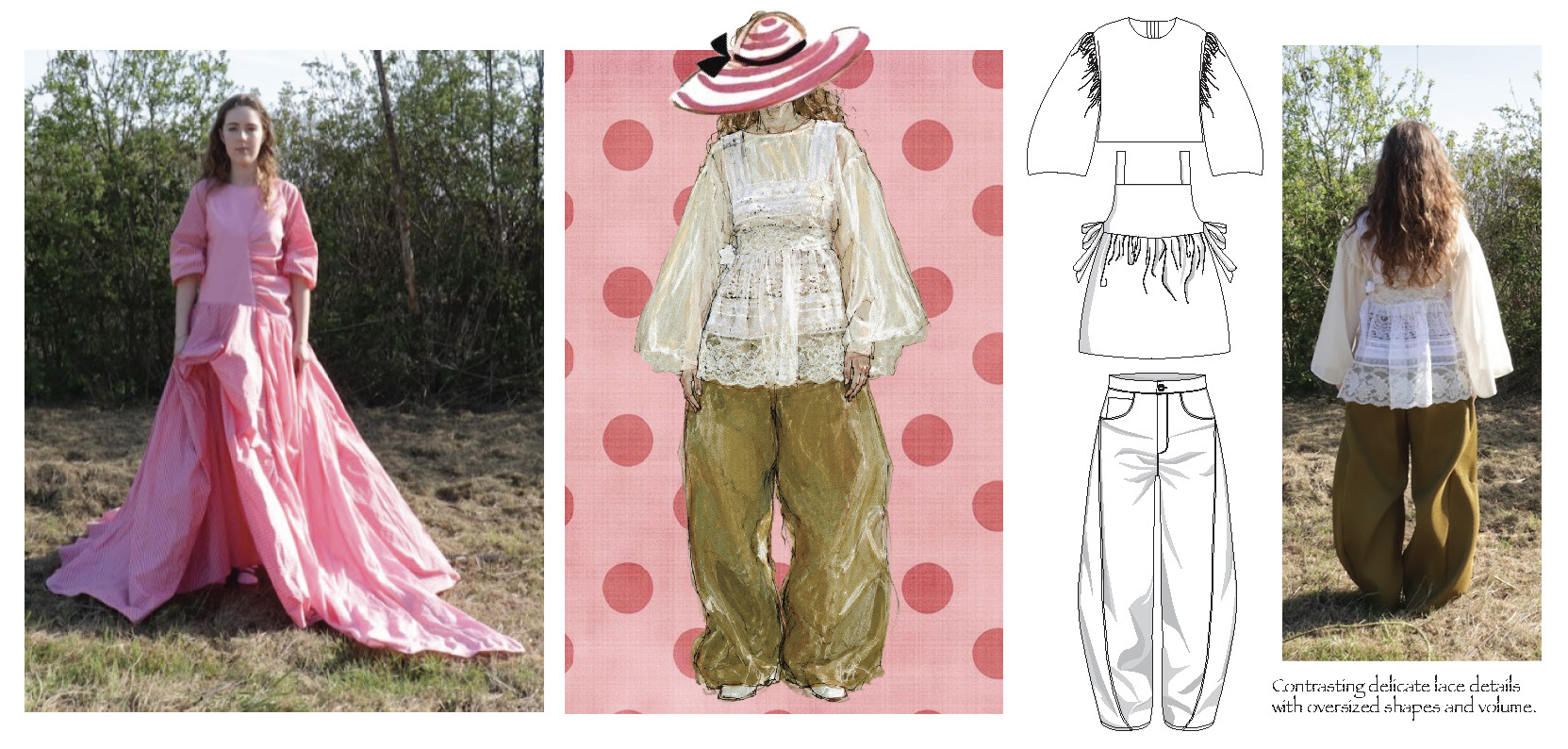 A fashion collage shows a woman modelling a pink flowing dress outdoors, a lace-and-wide-trouser outfit with a striped hat, a design sketch, and a rear view of the same outfit in a garden.