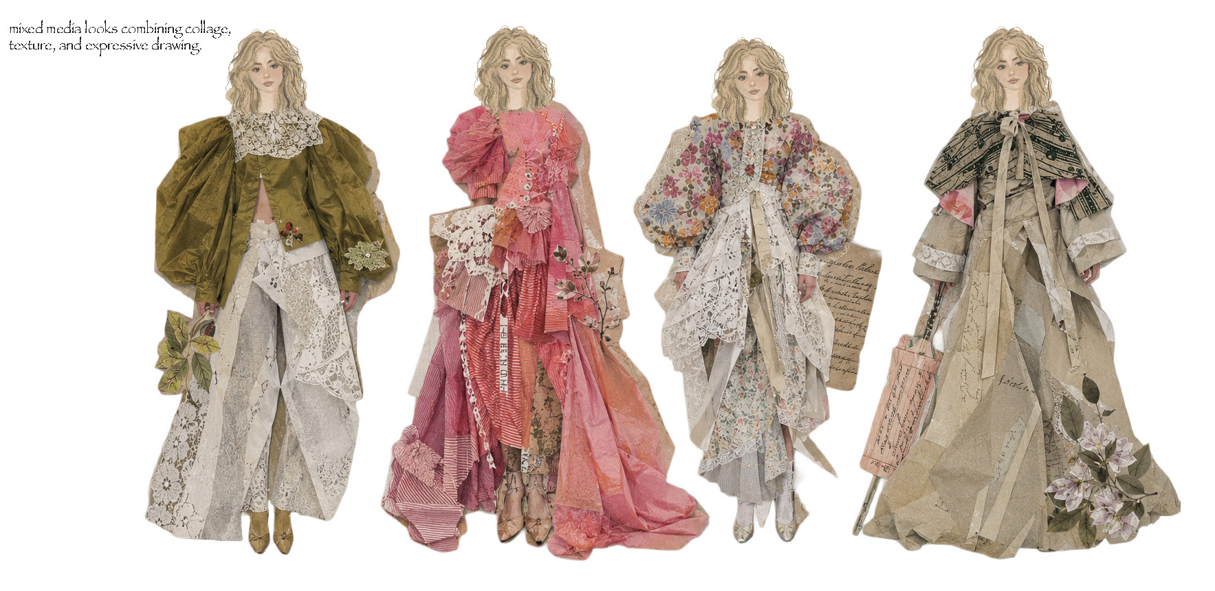 Four fashion illustrations of a blonde woman in ornate, layered gowns in olive, pink, floral and beige tones, arranged side by side on a white background.