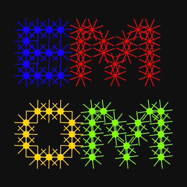 Blue and red star-like shapes forming "EM" at top, yellow and green star patterns forming "OM" below on black background.