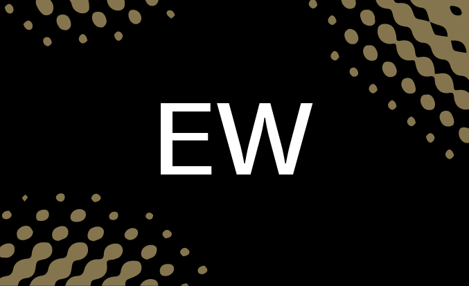 Black tile with gold pixellated accents and the initials EW in the centre.