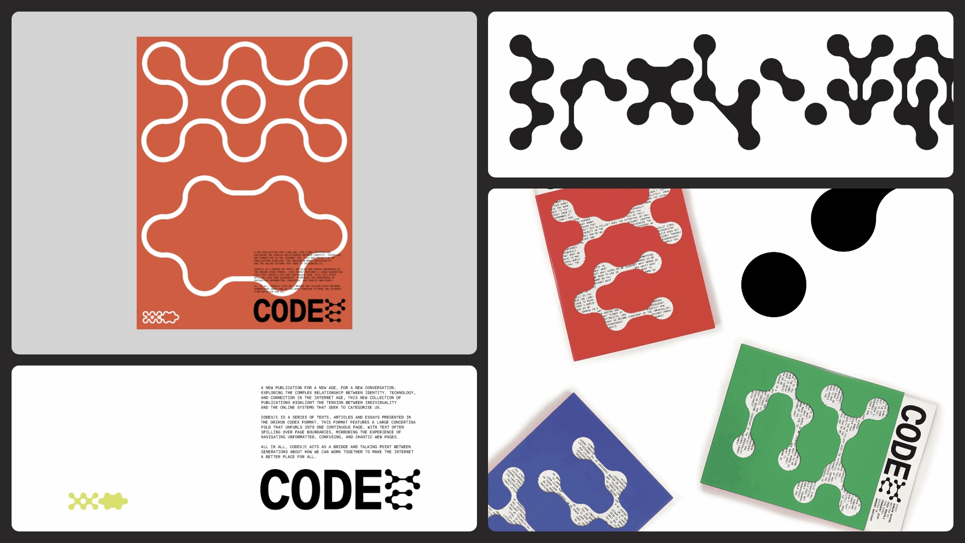 Four-panel layout showing orange booklet with white curved lines and "CODE" text, black branching network pattern, white page with "CODE" text, and scattered coloured cards with connected dot patterns.