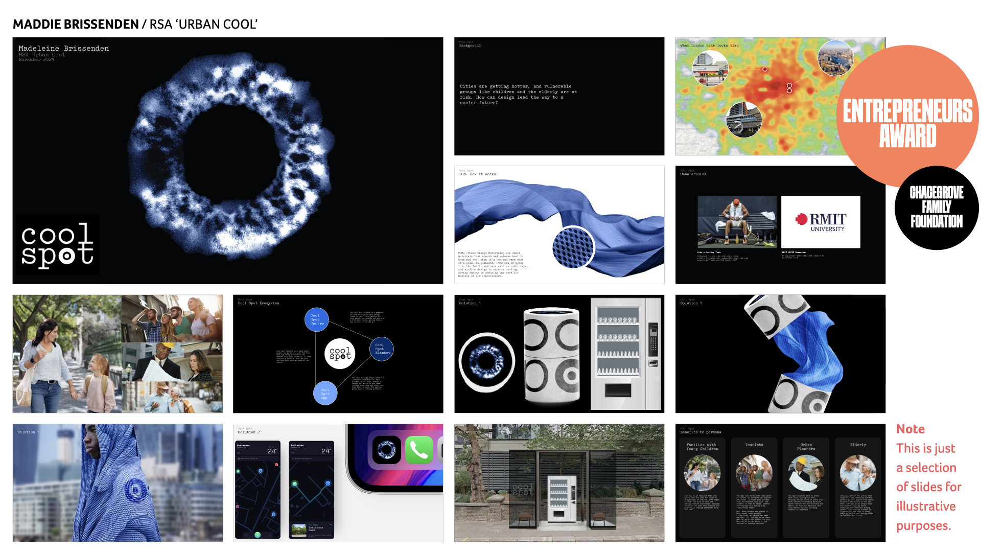 Grid layout of mixed design projects: blue circular graphics, orange award badge, architectural images, product designs, and geometric elements in varied colour schemes.