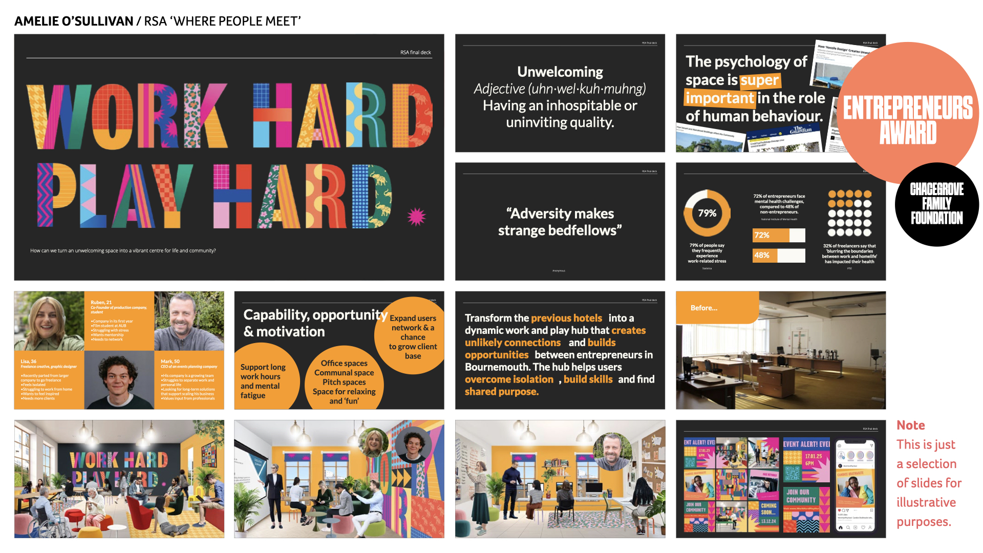 Grid layout showing colourful presentation slides with "WORK HARD PLAY HARD" text, orange and black design elements, and office meeting room photos.