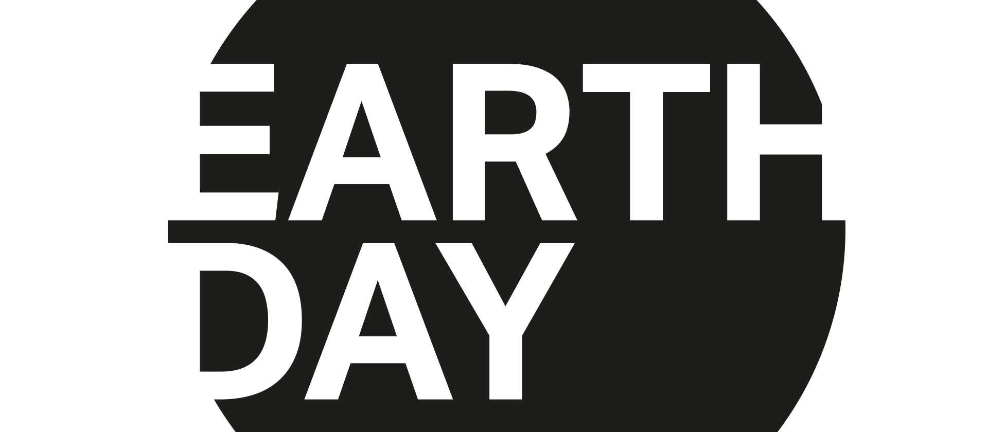 White background with black circle and white text reading "Earth Day"