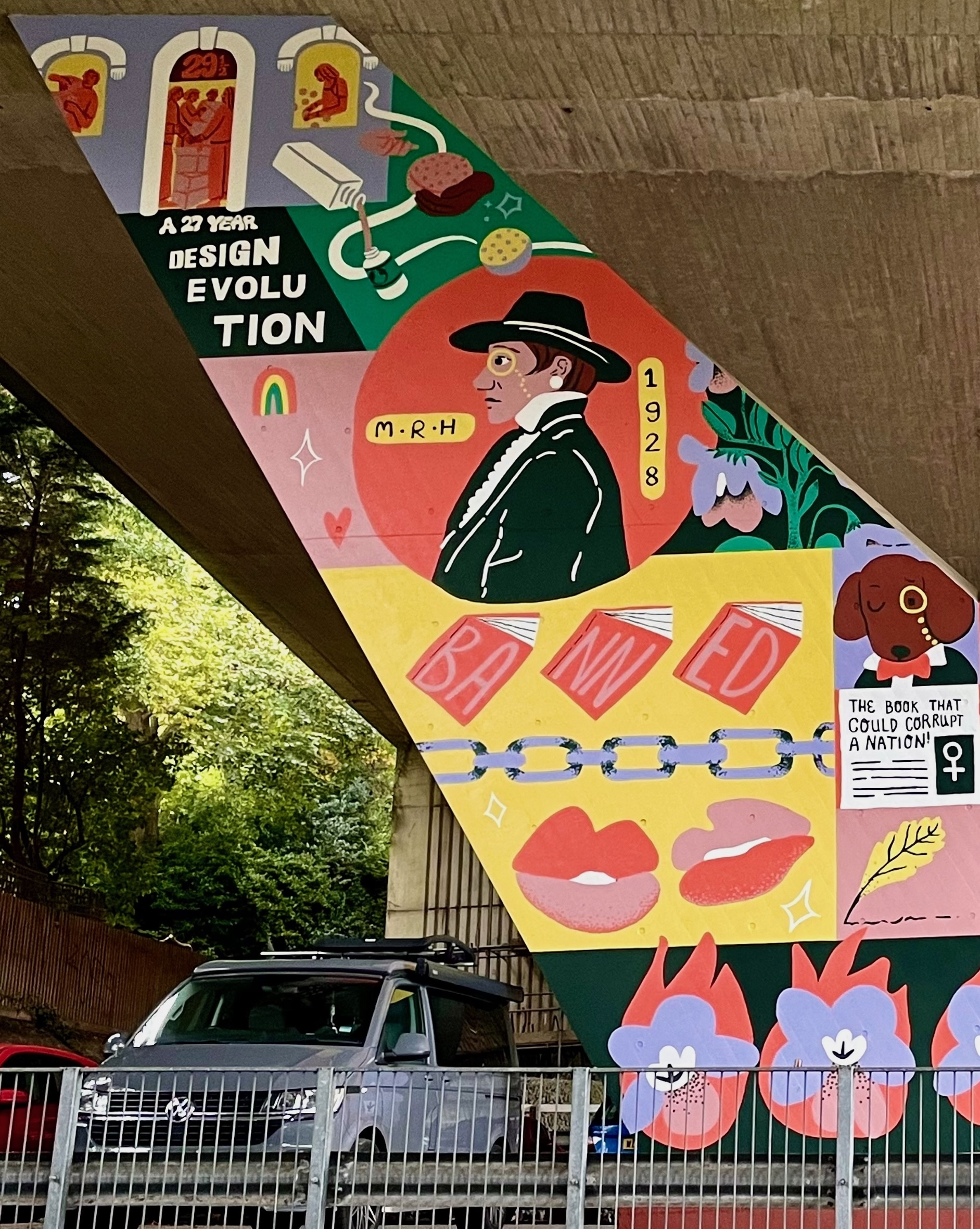 Part of a mural on a flyover pillar wall. Side profile of a woman wearing black clothes, a monocle and a fedora with the initials M.R.H. and the number 1928 on gold backgrounds. Underneath, three books with the word "Banned" spelled out across their covers, a chain and two pairs of lips.