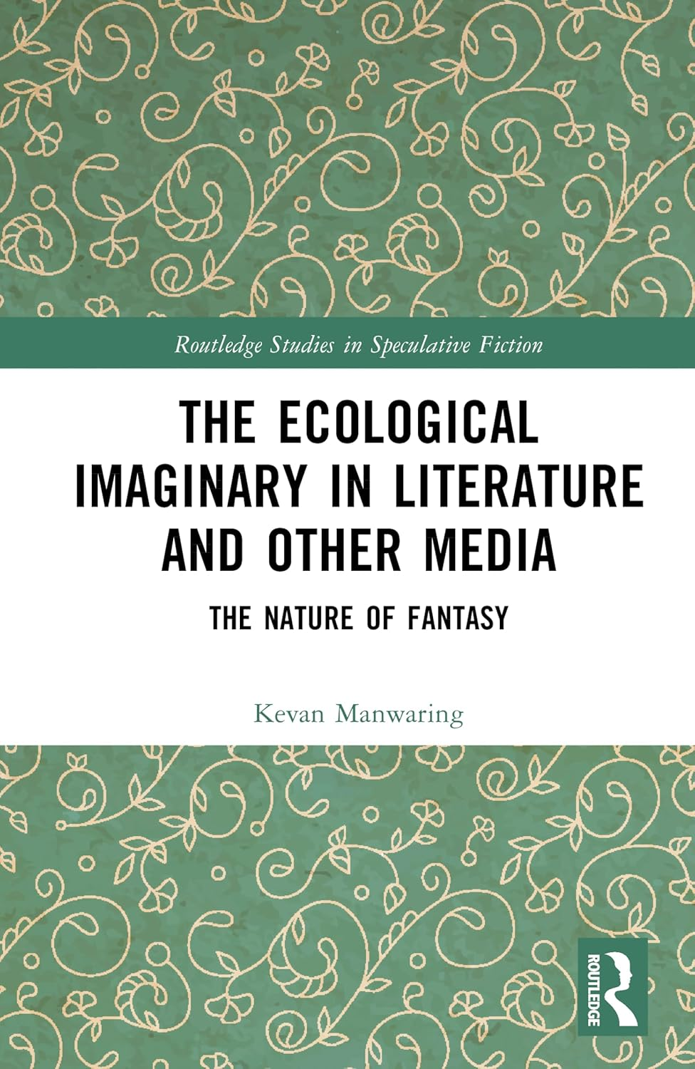 Book cover with green background featuring gold decorative vine and leaf patterns. White text panel displays title and author name.