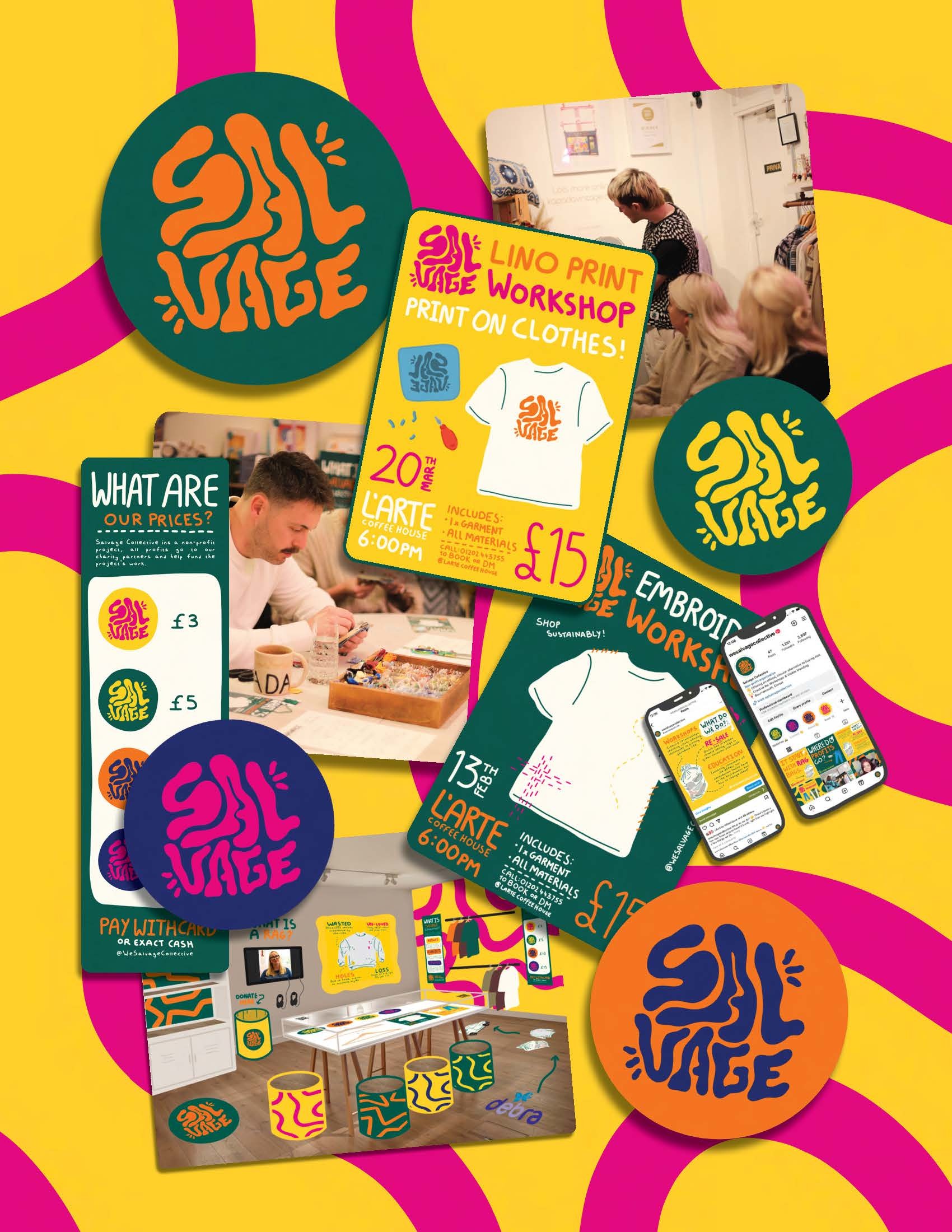 A poster for Salvage Collective showing a mixture of circular logos, illustrations of garments and photos of workshops in progress.