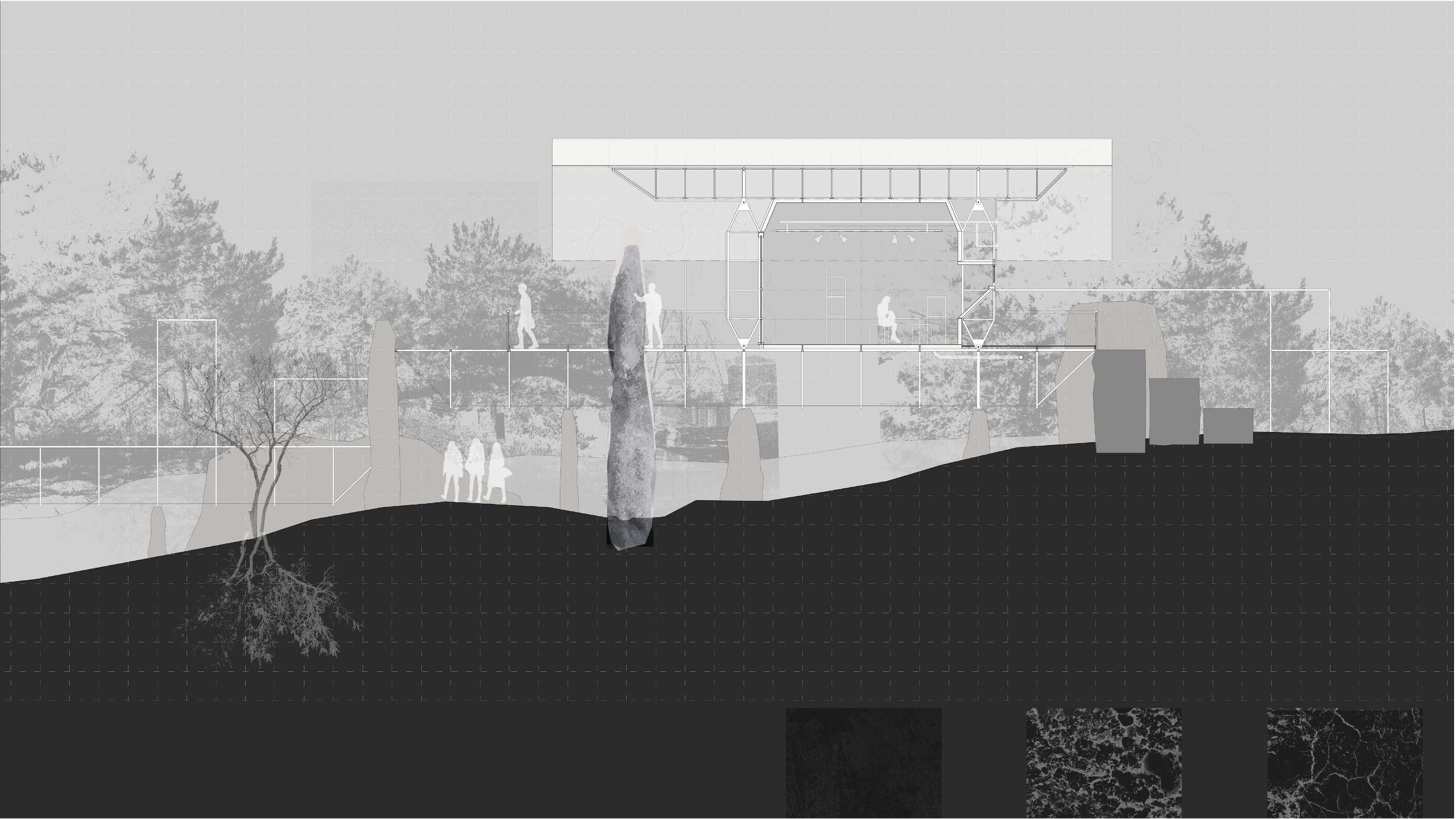 Black and white architectural mock-up of a two-storey building.