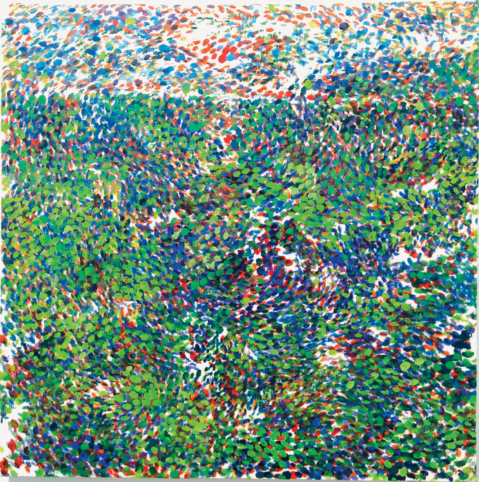 Abstract artwork made up primarily of green, red and blue dots.