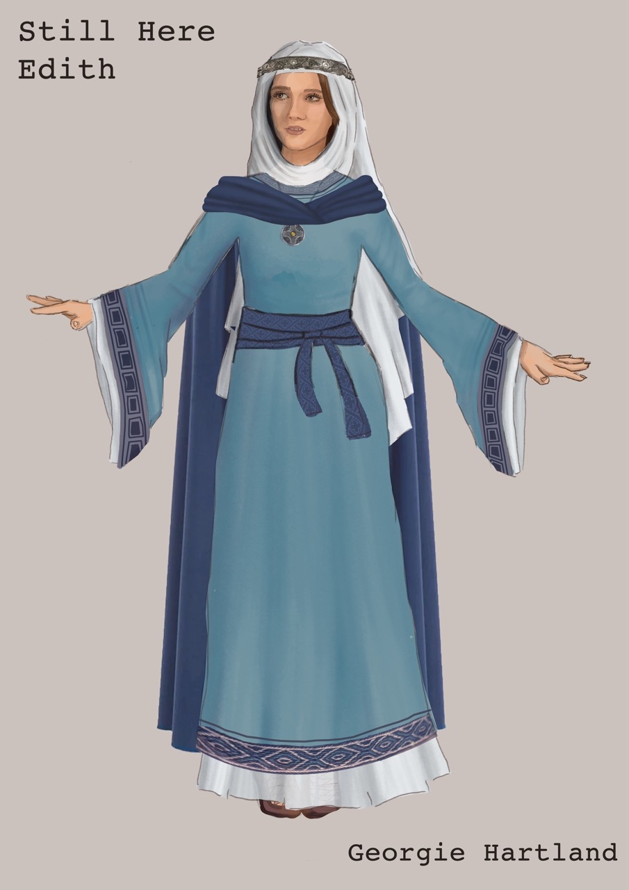 Illlustrated costume design for Edith from Still Here, a long white, dark and light blue medieval robe.