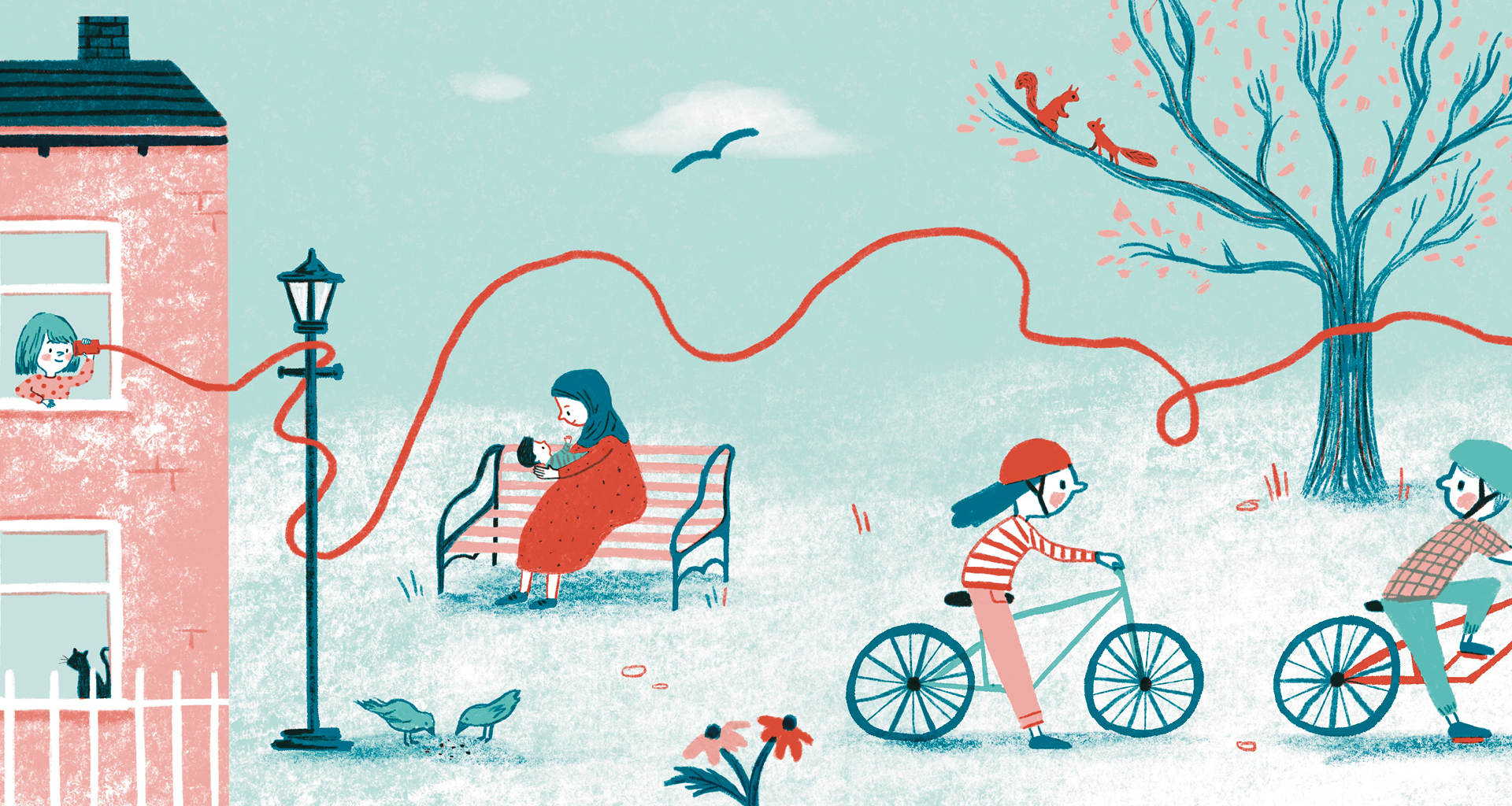 A child stands at a window with a homemade telephone to their ear. The string is tied around a lamppost. A woman sits with a baby on a park bench. Two children ride through a park on bicycles.