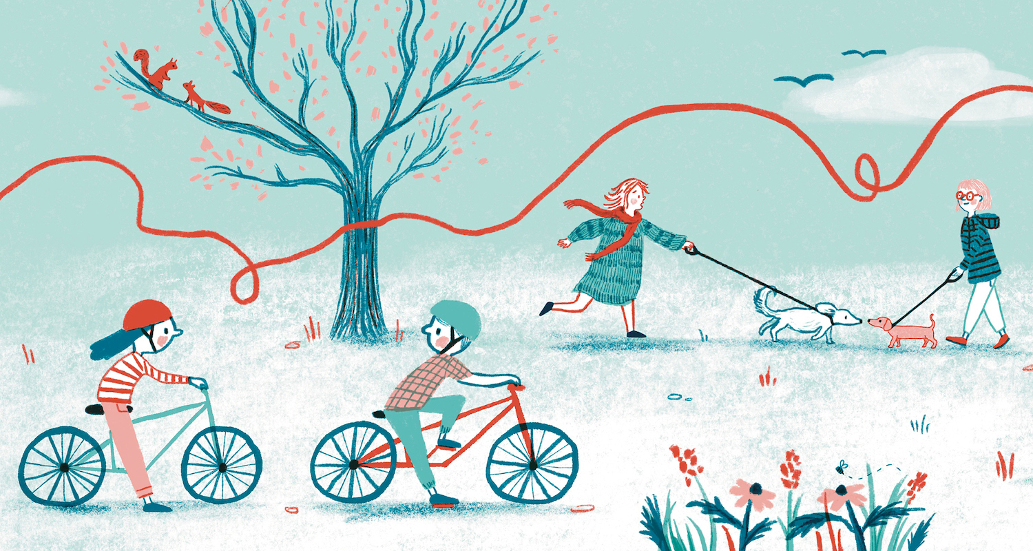 An illustration of two children riding bicycles in a park. Two people walk their dogs near a tree.