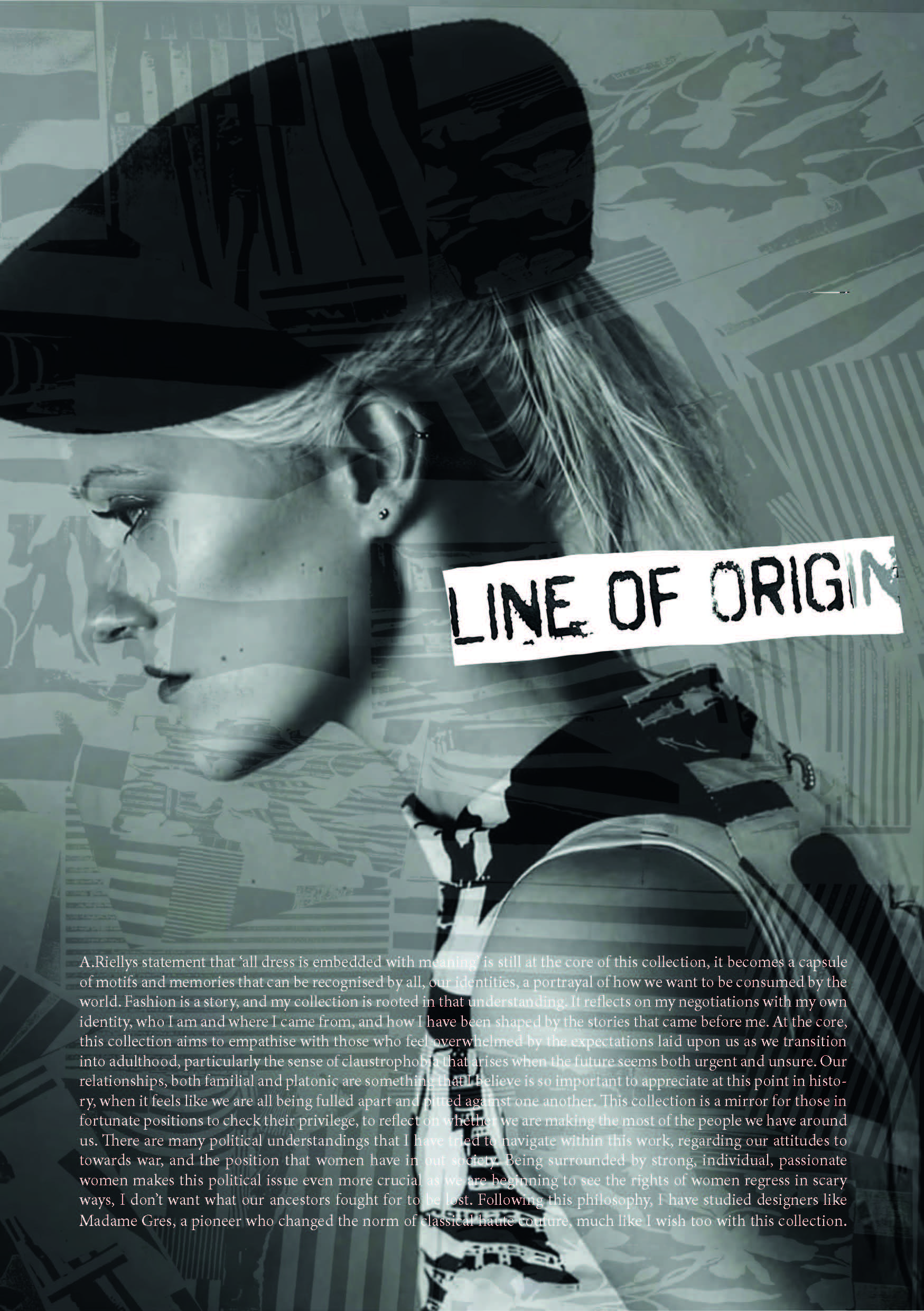 A profile of a woman with blonde hair wearing a black beret, set against a textured background. The words "LINE OF ORIGIN" are prominently displayed across the centre, with overlapping patterns and text providing additional context.