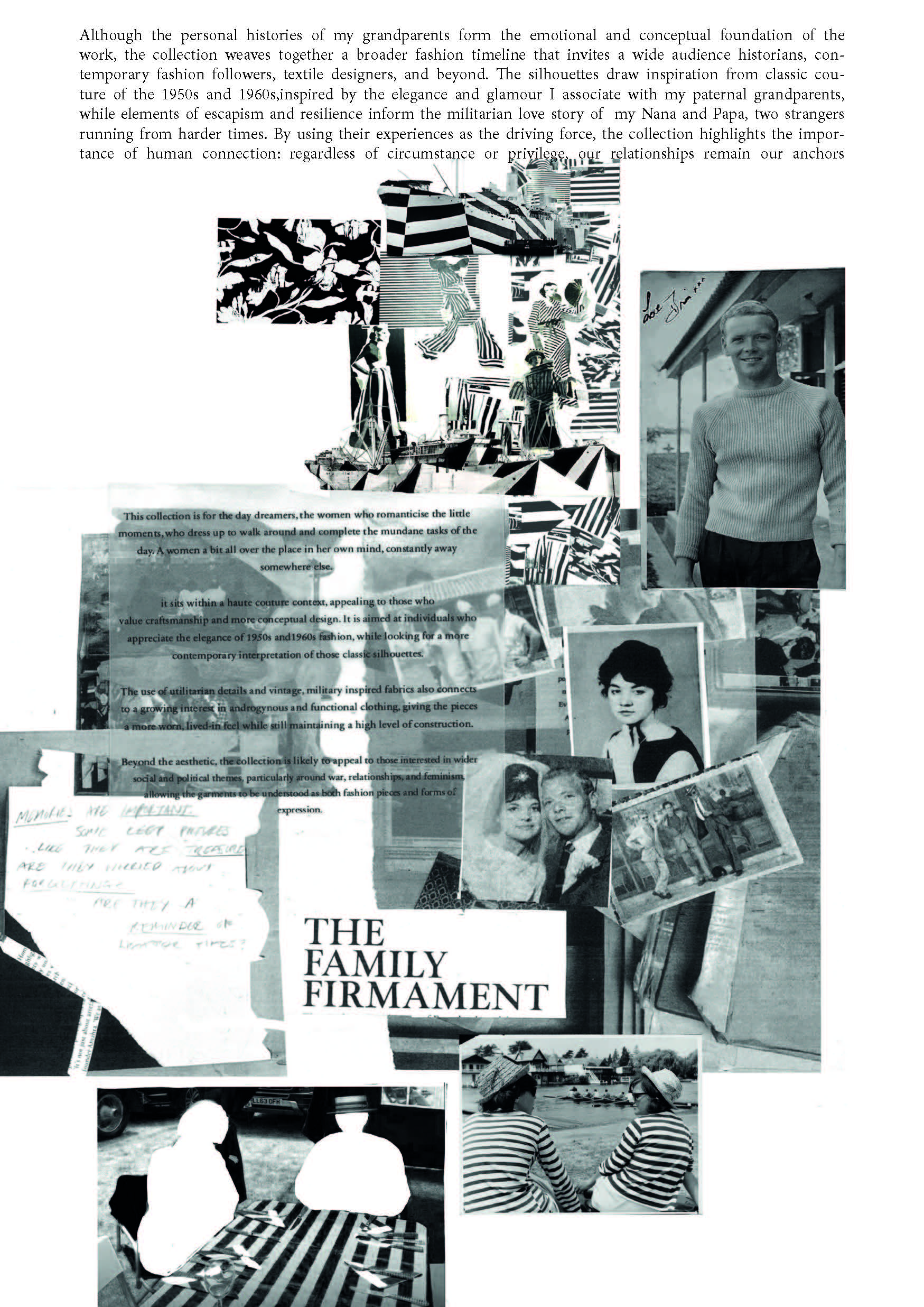 A collage of black and white images and text fragments that reference family history. It includes photographs of individuals, handwritten notes, and patterns, with the title "THE FAMILY FIRMAMENT" prominently displayed. Various textures and contrasting elements are present.