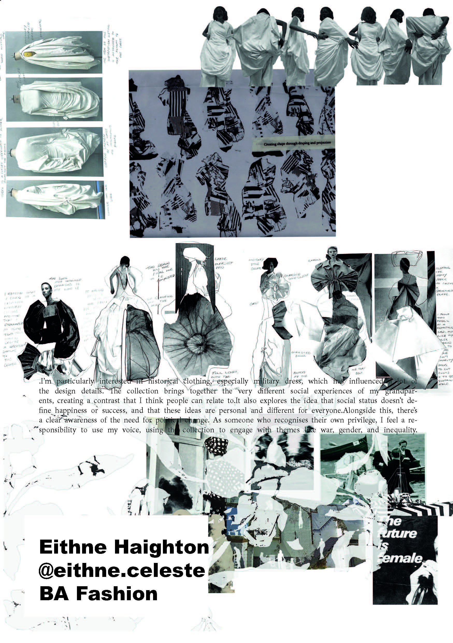 A collage showcasing various fashion sketches and designs by Eithne Haighton, including images of garments and detailed illustrations. The layout features a mix of patterns and textures, with text elements interspersed throughout.