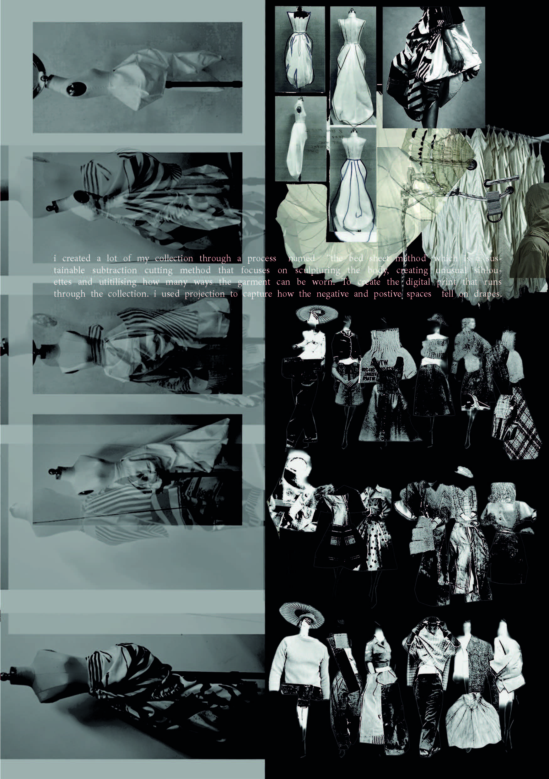 A montage of fashion designs, showcasing various garments on dress forms, displayed in a grid format. Black and white images highlight intricate details of the dresses, alongside text describing the design process in an artistic presentation.