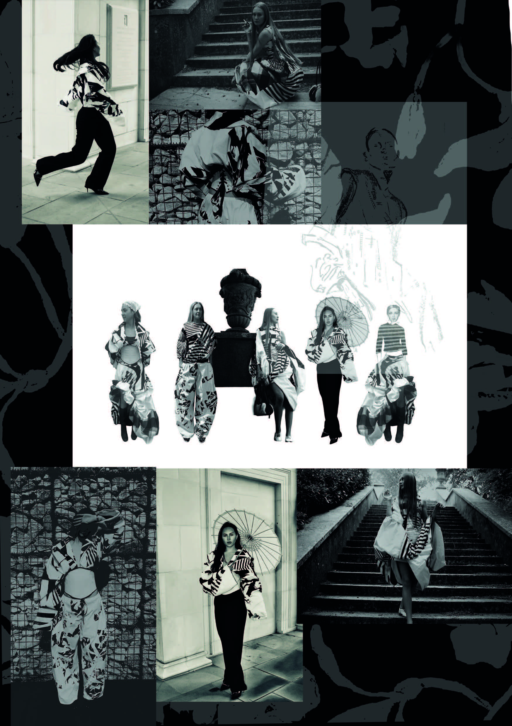 A collage of monochrome images featuring six women in various poses, wearing stylish outfits. The background includes staircases and a stone structure with an abstract pattern. Each figure showcases distinct fashion, including stripes and prints.