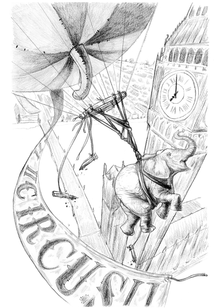 A pencil sketch of a circus-themed scene shows an elephant suspended by ropes beside a clock tower, with a banner reading 'Circus' in the foreground.