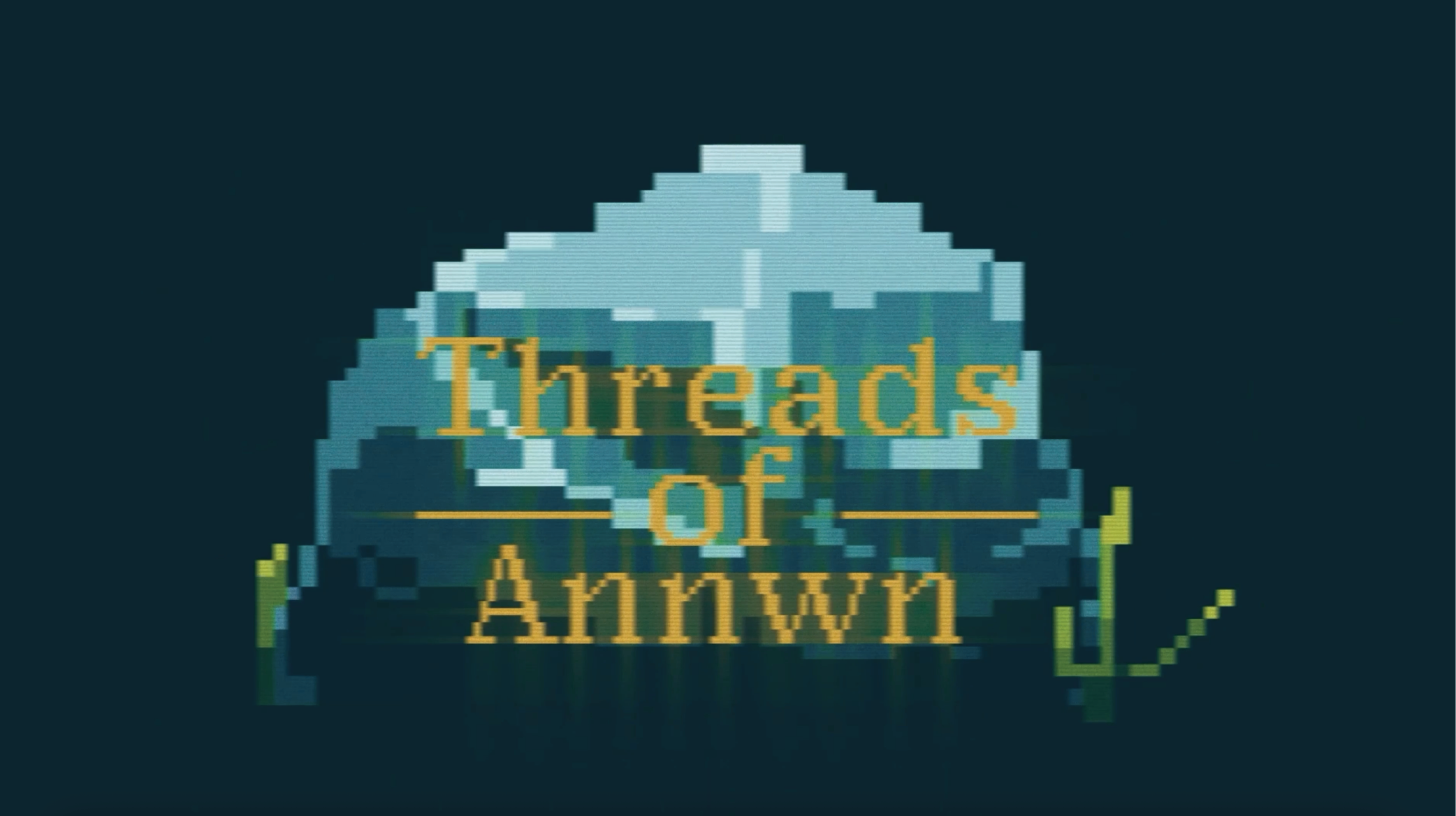 Pixelated game logo with blue diamond-shaped gem and yellow text reading "Threads of Annwn" on dark blue background.