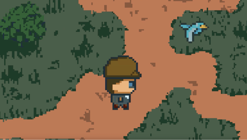 Pixel art illustration showing a small character with brown helmet on winding orange-pink path between dark green foliage areas.