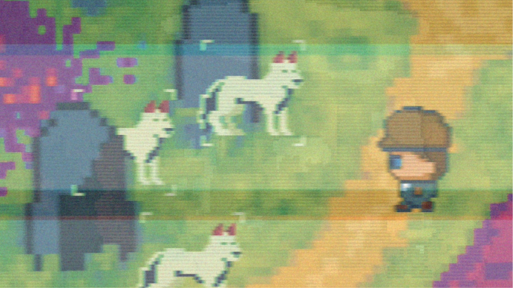 Pixelated game screen with green grass, white animal characters, brown-haired figure in hat, purple and orange colour blocks.