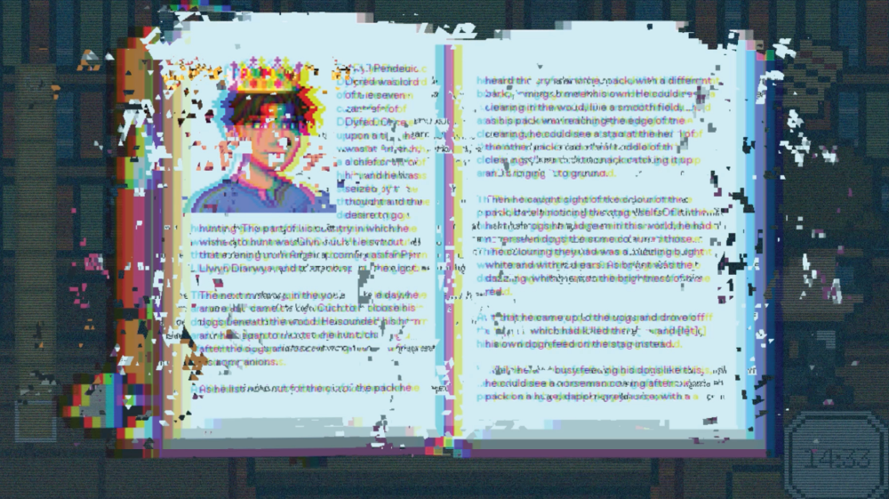 Open book with distorted, pixelated text and colourful geometric shapes on left page. Digital glitch effect with fragmented squares and rectangles.