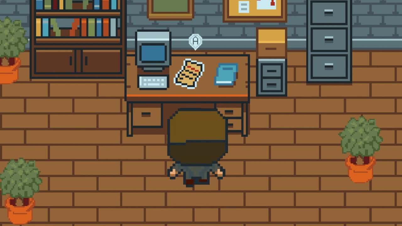 Pixel art office scene with character at brown desk. Grey stone walls, brown wooden floor, bookshelves, filing cabinets, and green plants in orange pots.