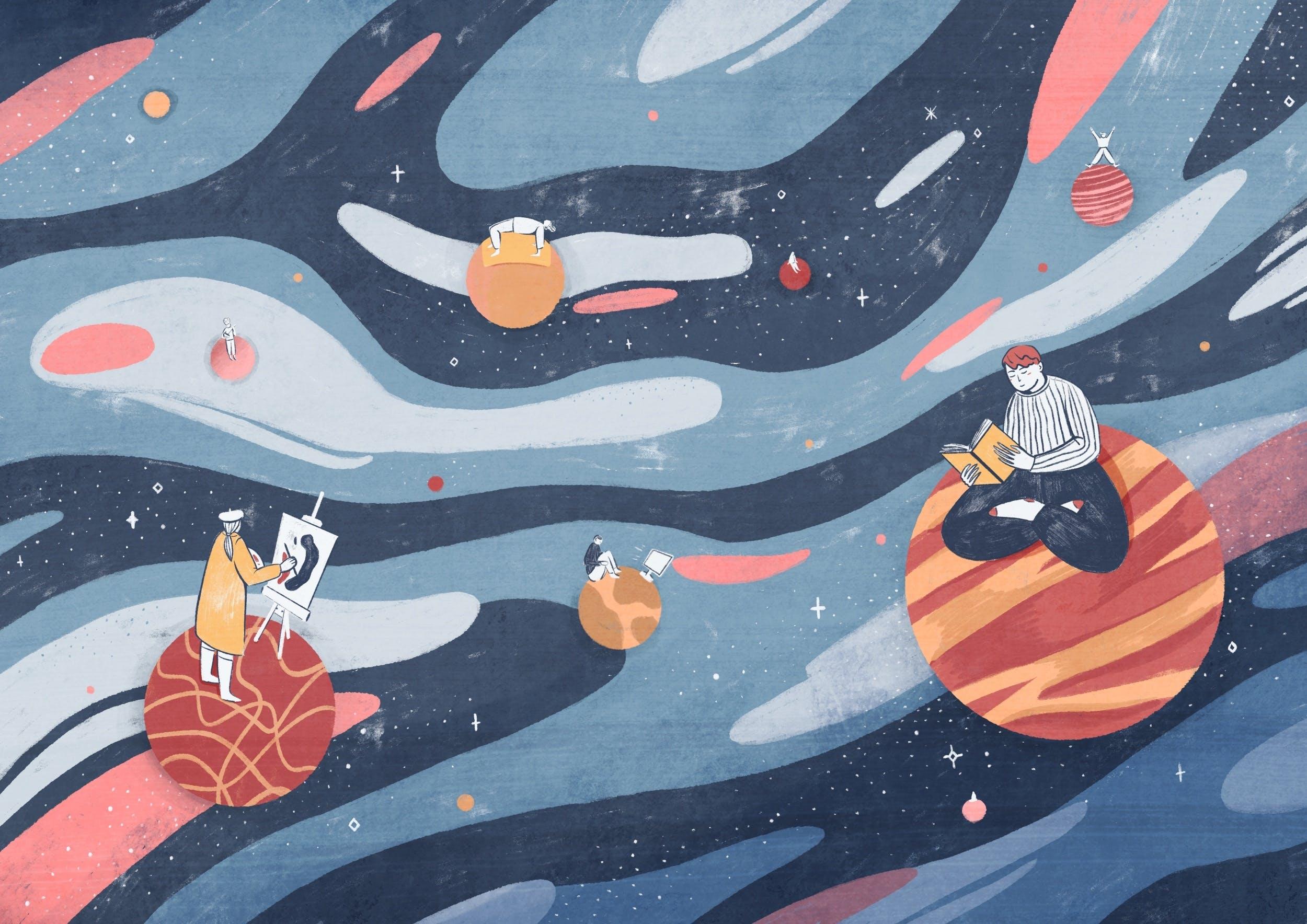 Character sitting on a planet reading whilst another character paints on a canvas standing on another planet