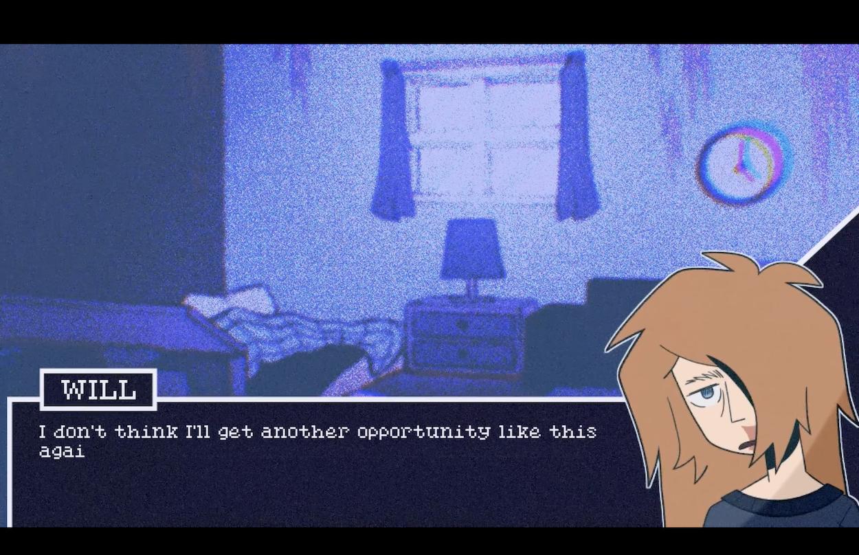 Still of a visual novel showing a blue lit bedroom. The headshot of a character named Will appears in the bottom right corner with a box and text appearing next to them.