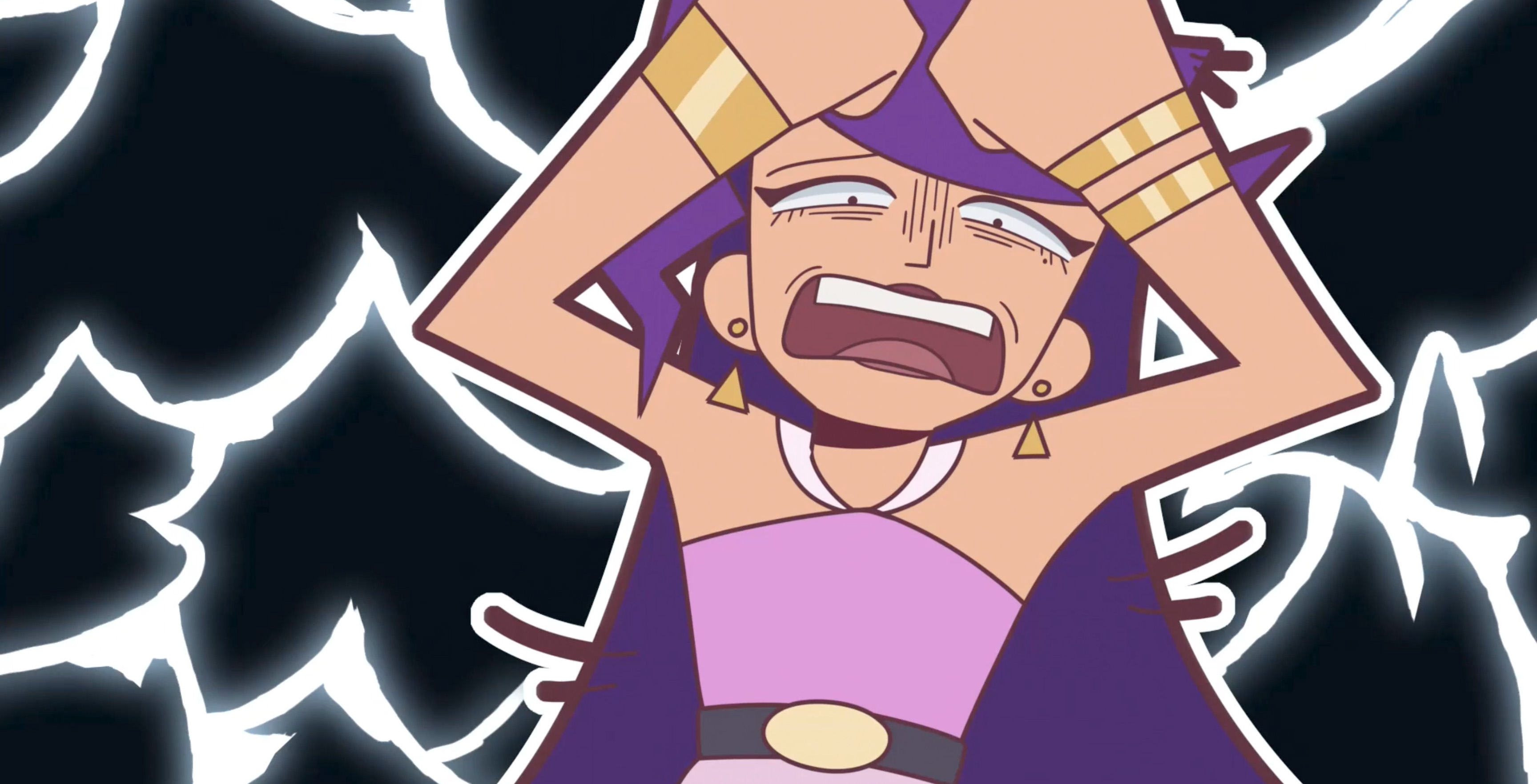 Animated still of a character with purple hair and arms raised with a horrified expression. White lightning pattern strikes a black background behind them.